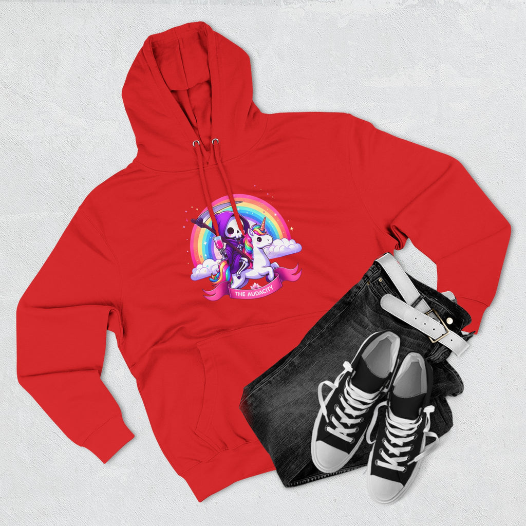 Hoodie - Cute Grim Reaper Riding Unicorn Rainbow "The Audacity" Fleece Hoodie