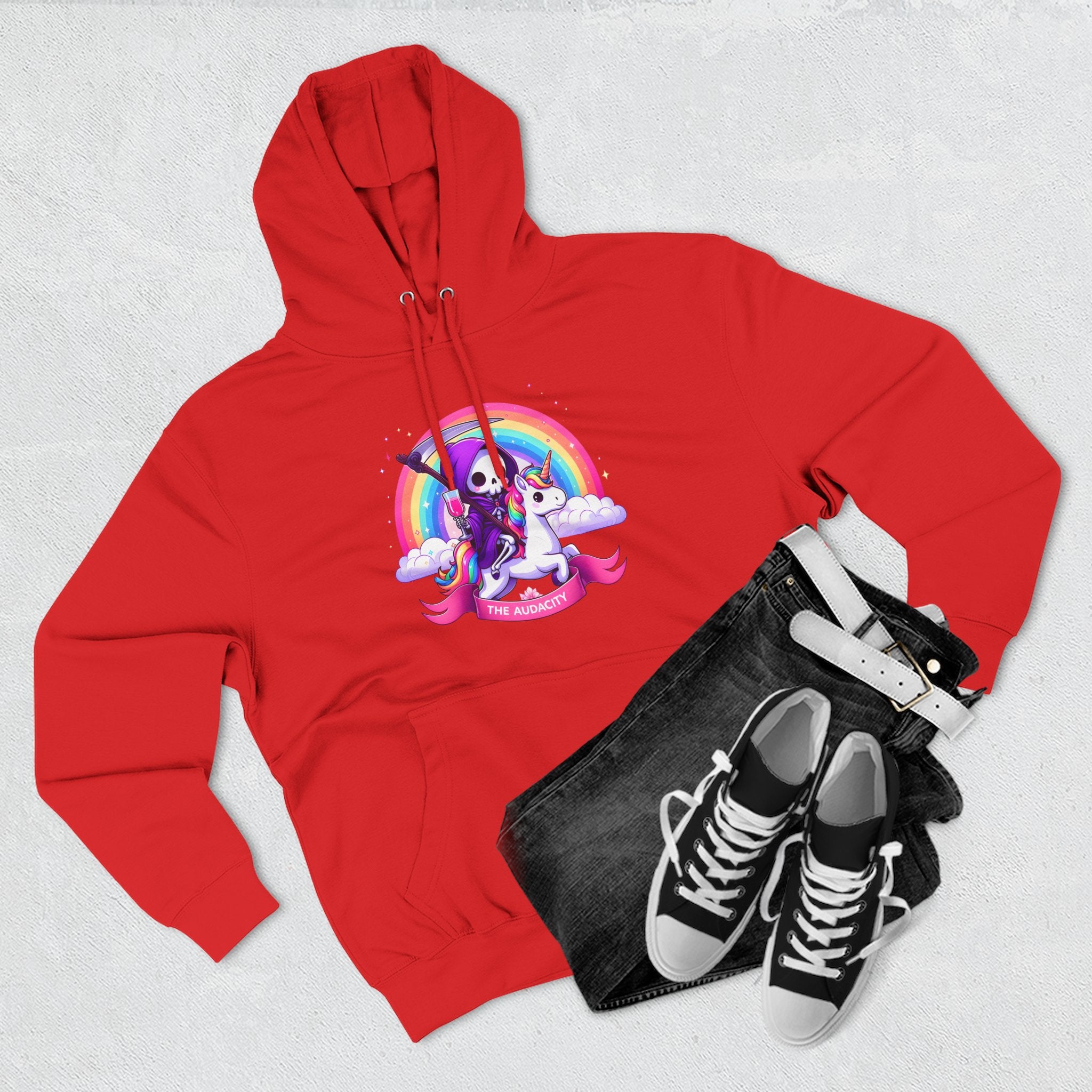Hoodie - Cute Grim Reaper Riding Unicorn Rainbow "The Audacity" Fleece Hoodie