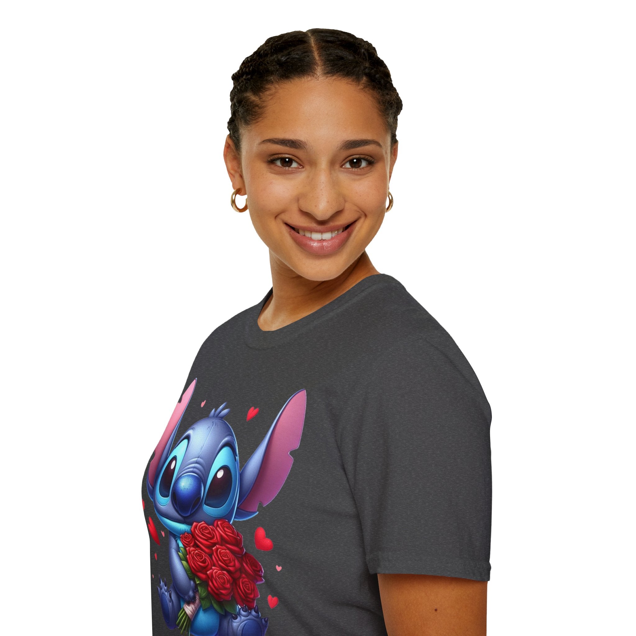 Stitch Holding Roses T-Shirt — Cute Valentine’s Day Cartoon Tee