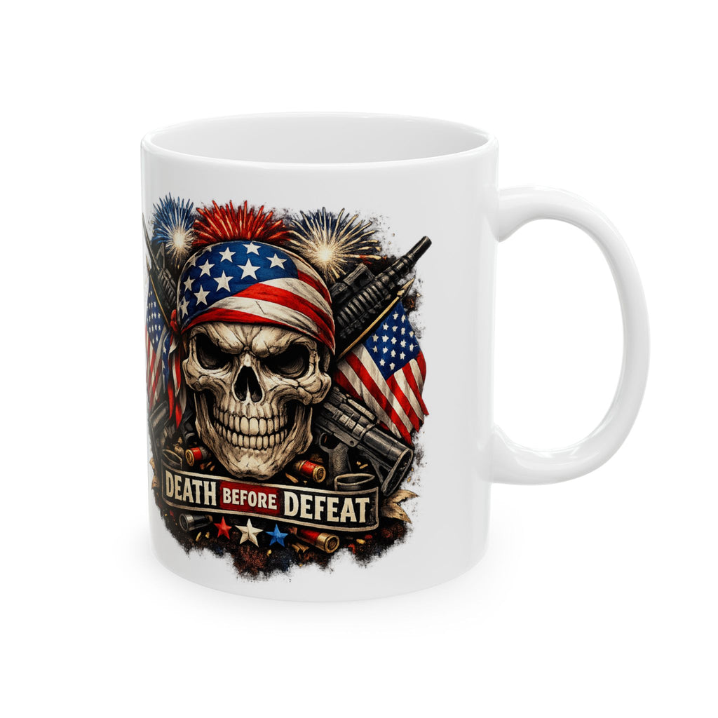Patriotic Skull & Guns Ceramic Mug — "Death Before Defeat" 11oz/15oz