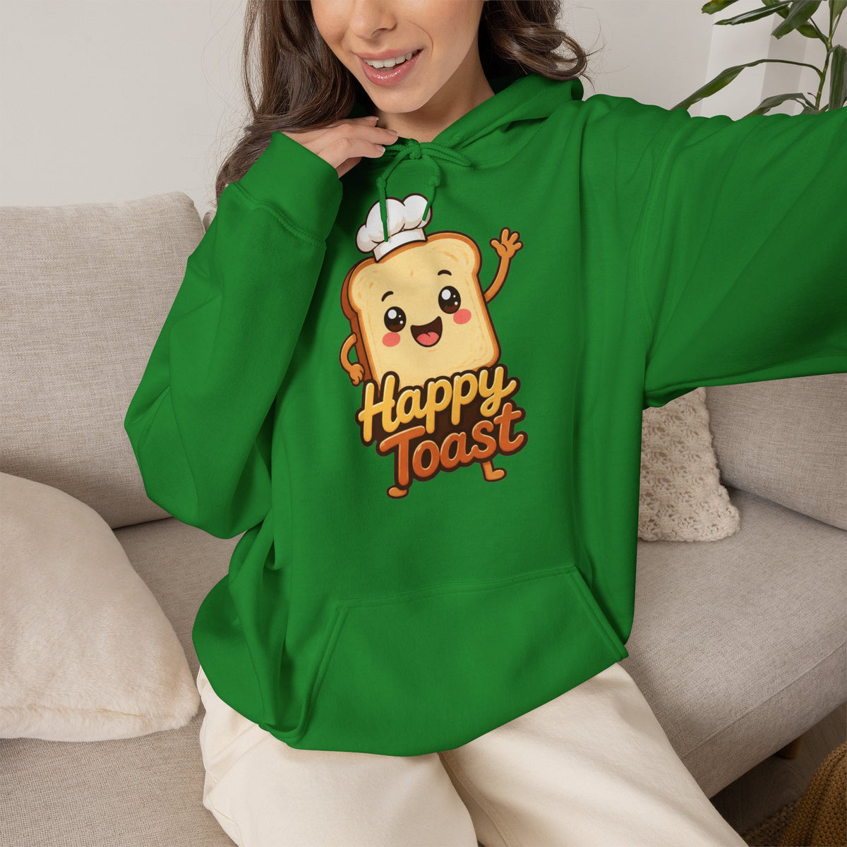 Happy Toast Cartoon Graphic Hoodie – Unisex Pullover