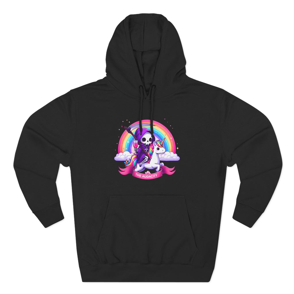Hoodie - Cute Grim Reaper Riding Unicorn Rainbow "The Audacity" Fleece Hoodie
