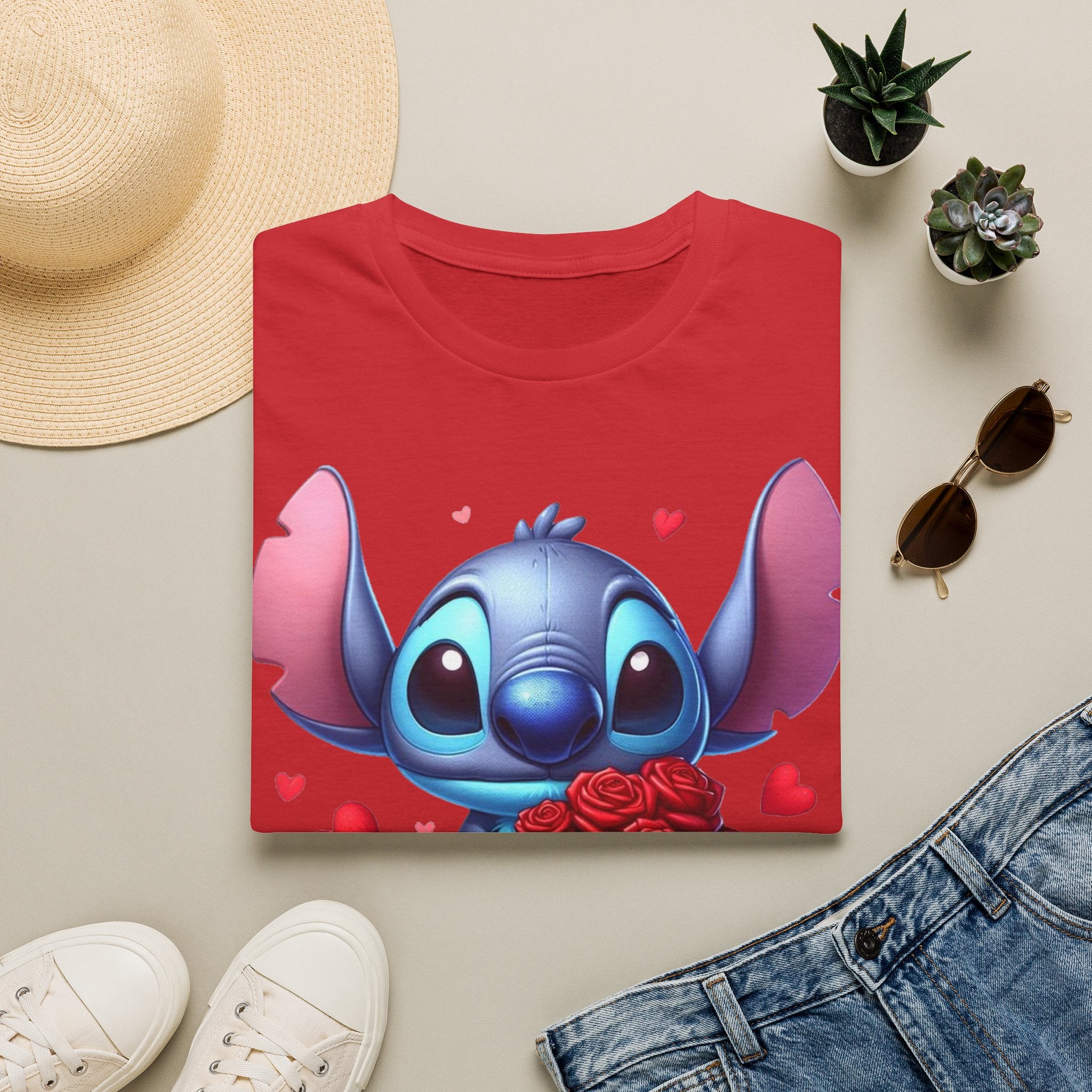 Stitch Holding Roses T-Shirt — Cute Valentine’s Day Cartoon Tee
