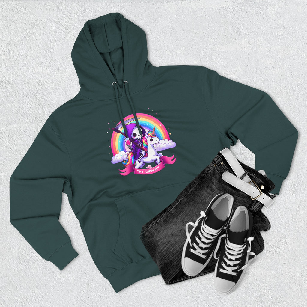 Hoodie - Cute Grim Reaper Riding Unicorn Rainbow "The Audacity" Fleece Hoodie