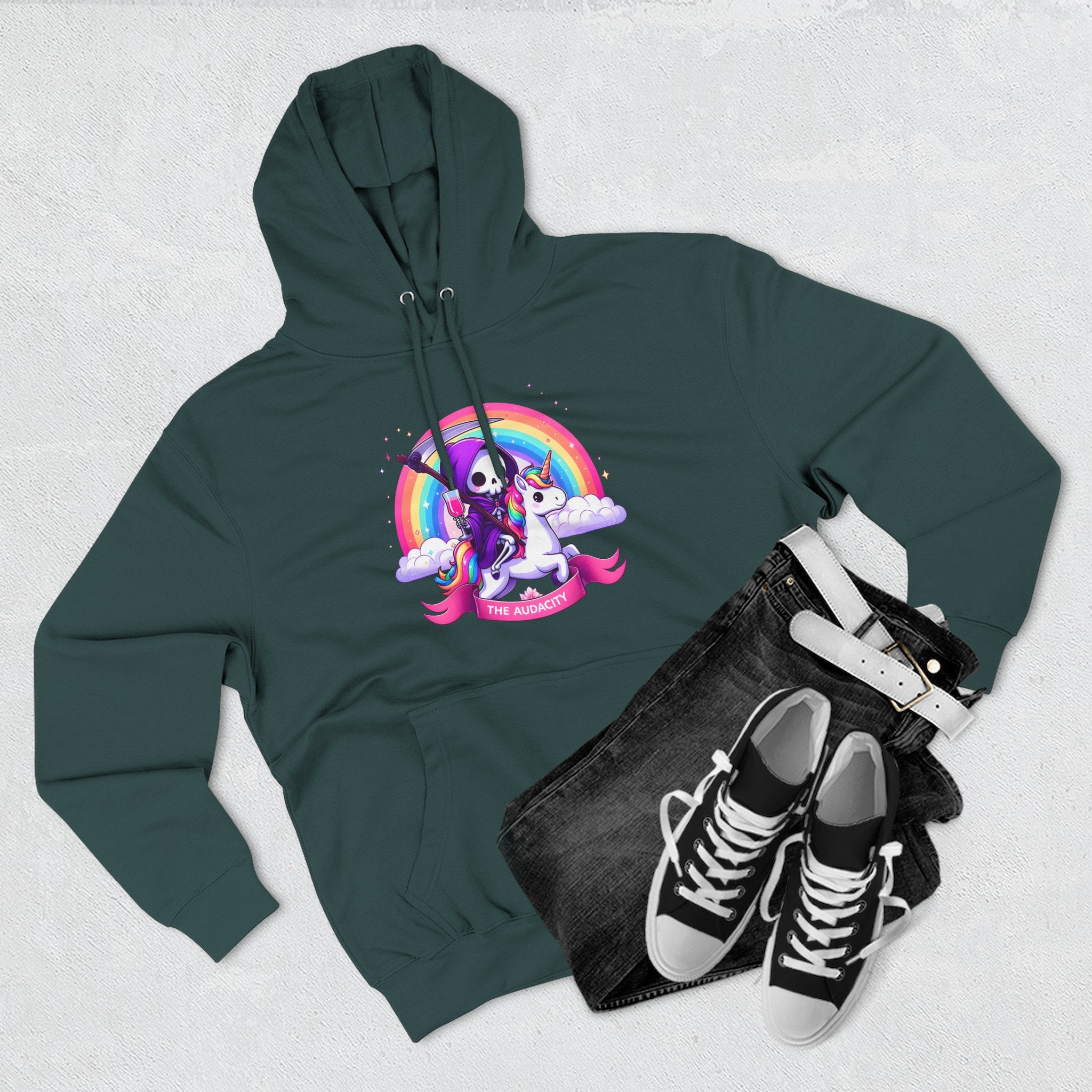 Hoodie - Cute Grim Reaper Riding Unicorn Rainbow "The Audacity" Fleece Hoodie