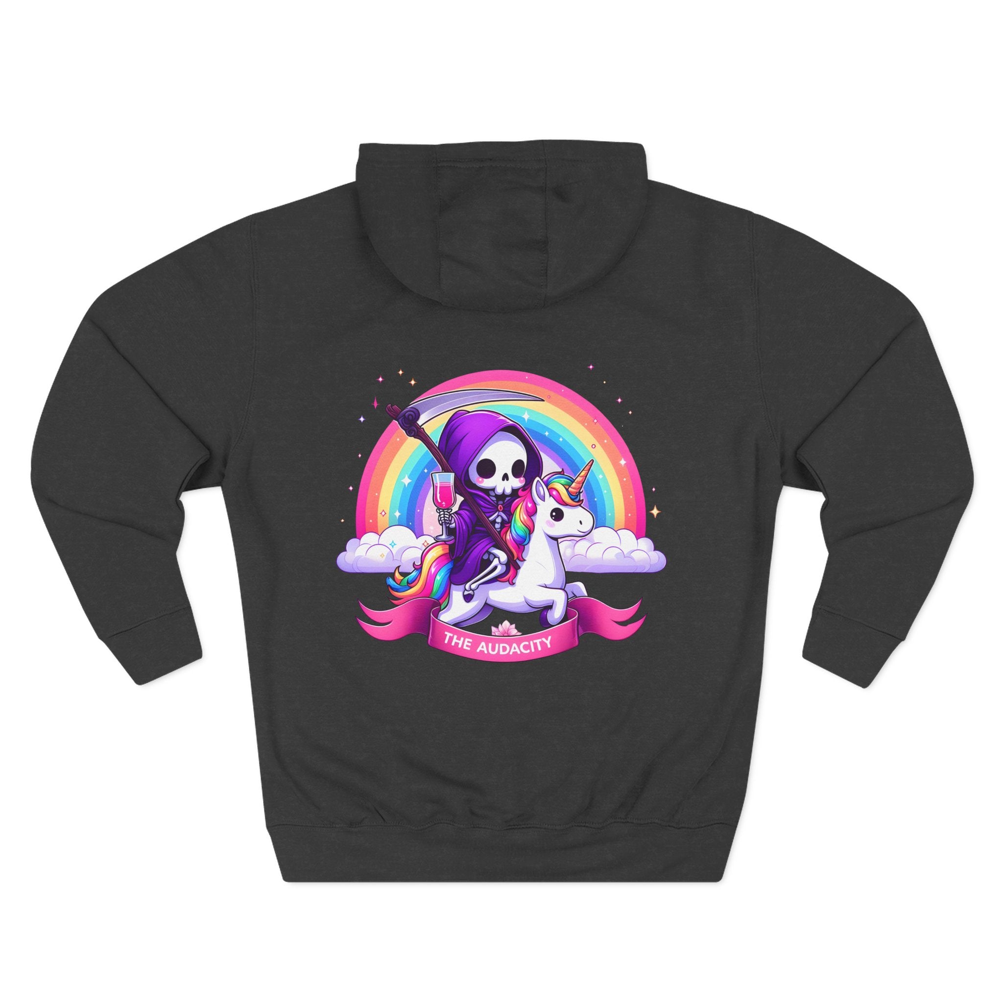 Hoodie - Cute Grim Reaper Riding Unicorn Rainbow "The Audacity" Fleece Hoodie