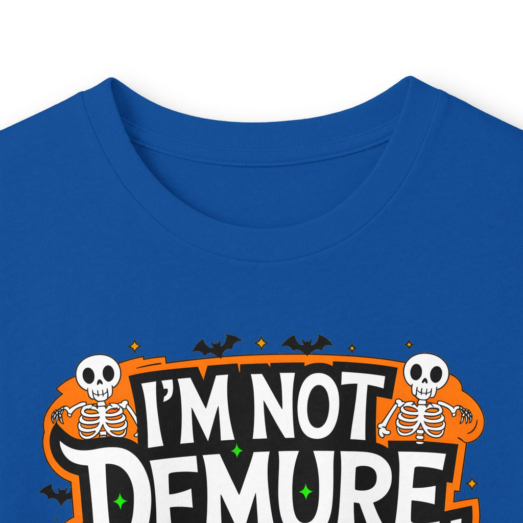 Long Sleeve Tee — "I'm Not Demure I'm Demonic" Halloween Graphic