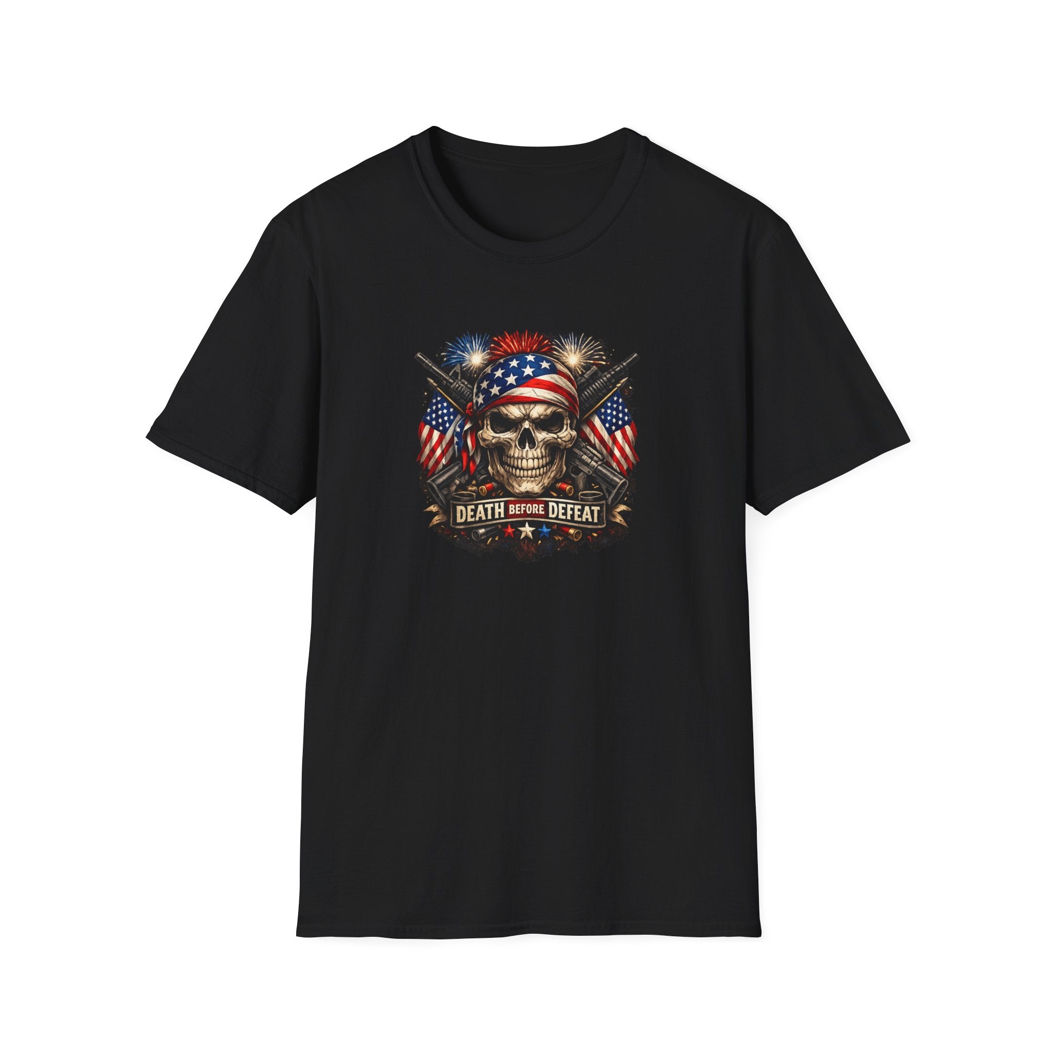 Patriotic Skull Tee "Death Before Defeat" - American Flag Military Graphic T-Shirt