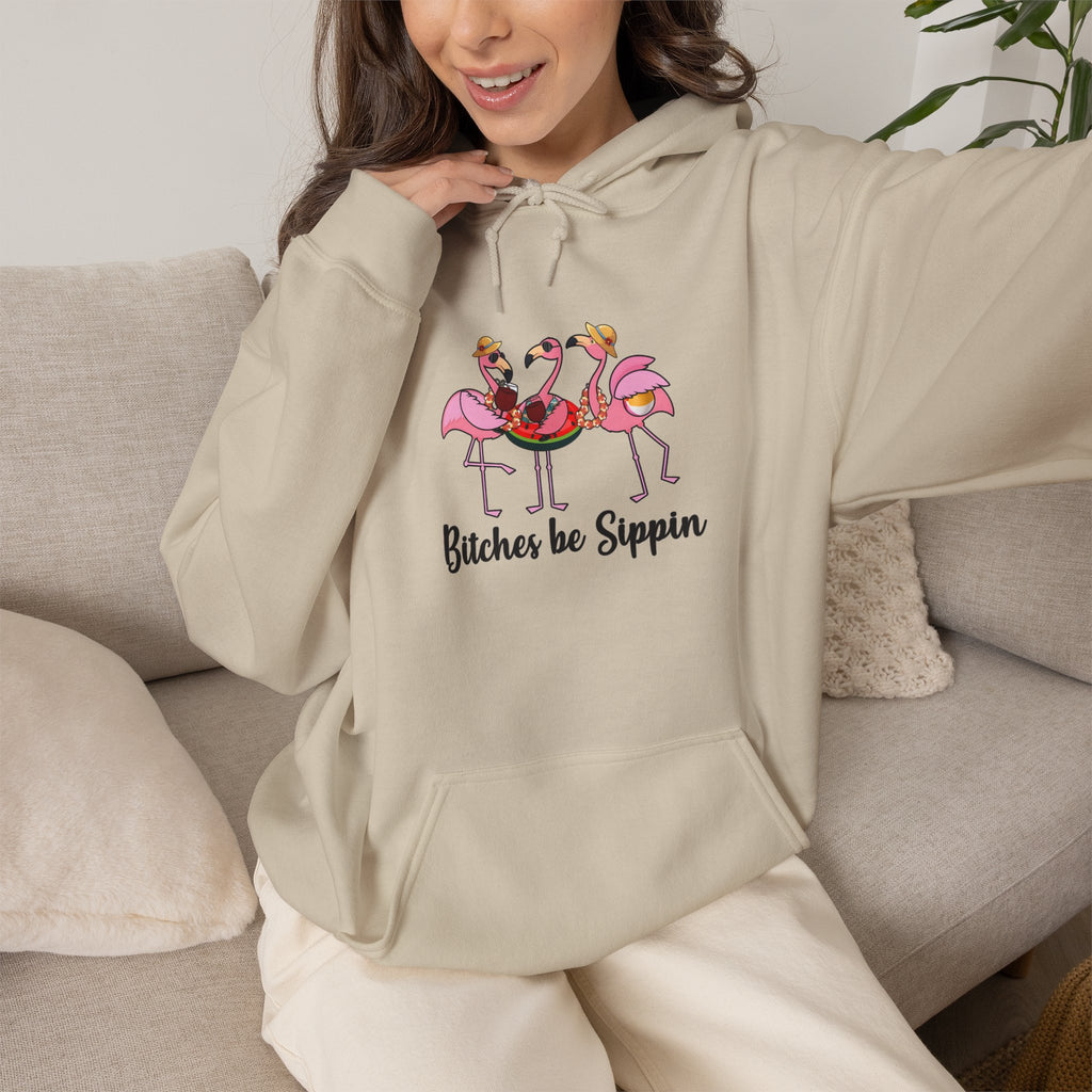 Flamingo 'Bitches Be Sippin' Hoodie – Funny Tropical Ladies Wine Graphic Sweatshirt