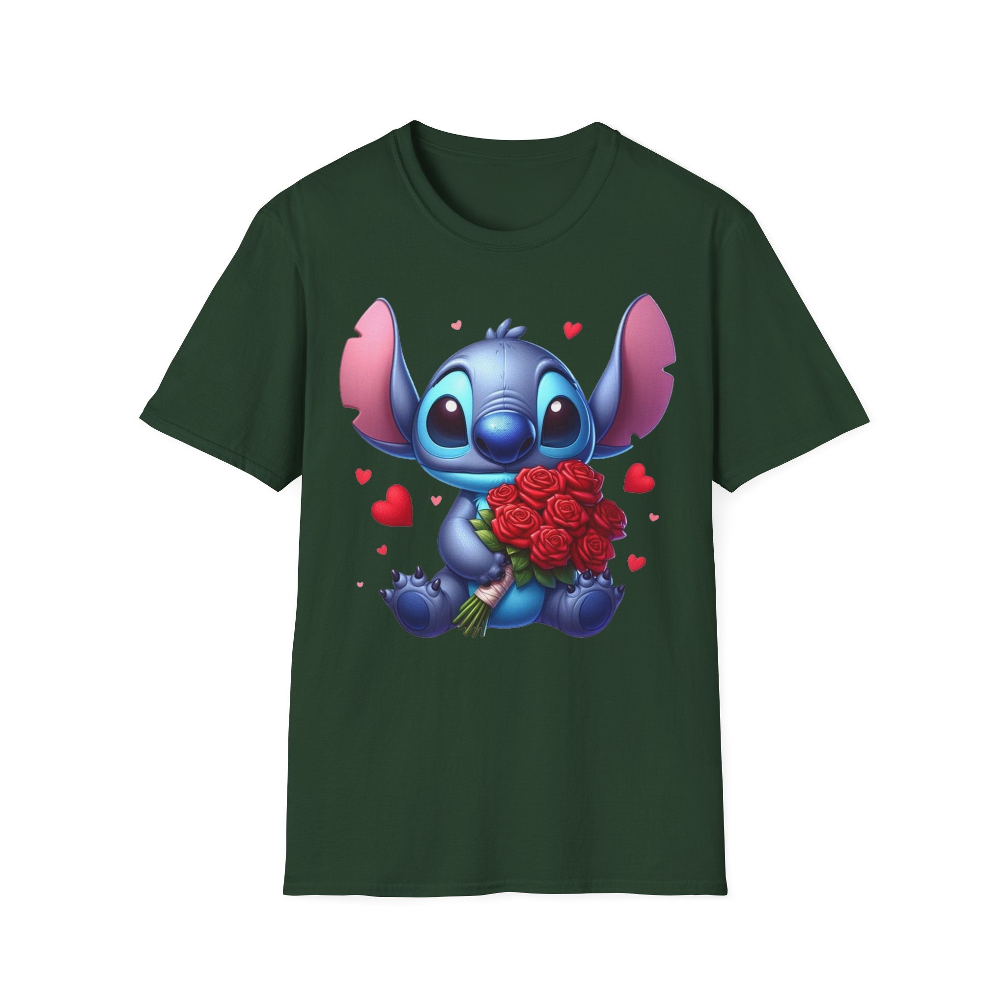 Stitch Holding Roses T-Shirt — Cute Valentine’s Day Cartoon Tee