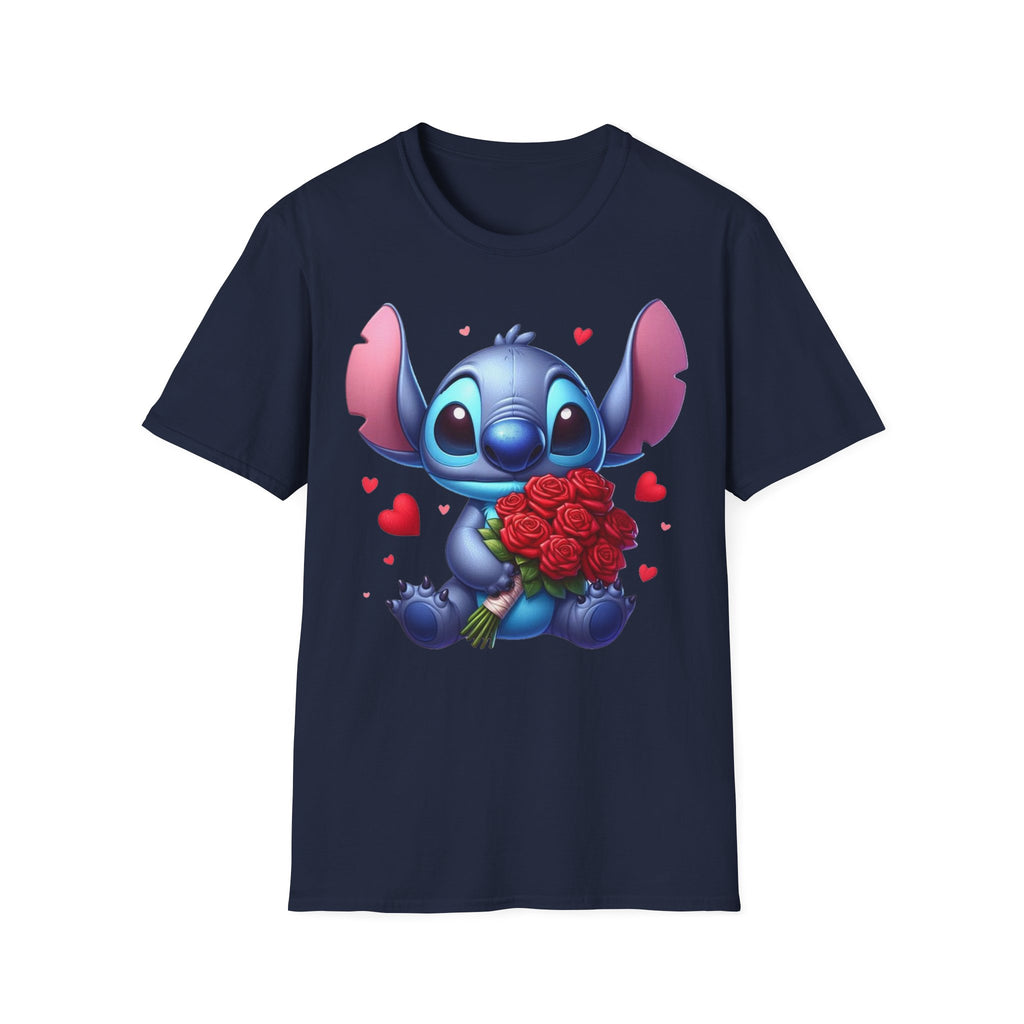 Stitch Holding Roses T-Shirt — Cute Valentine’s Day Cartoon Tee