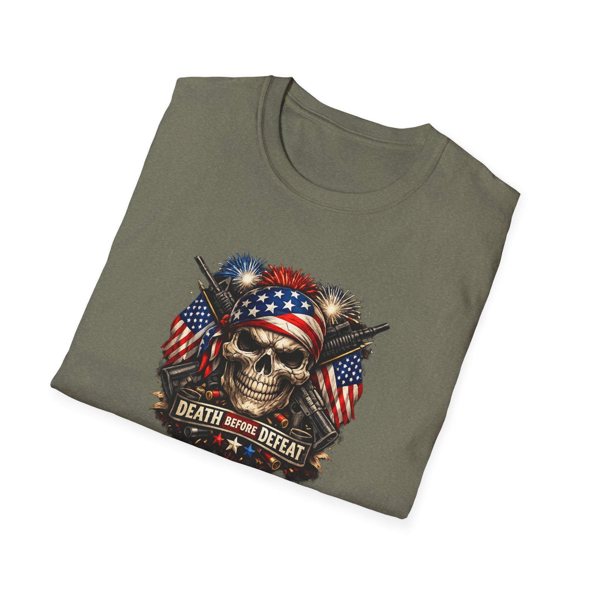 Patriotic Skull Tee "Death Before Defeat" - American Flag Military Graphic T-Shirt