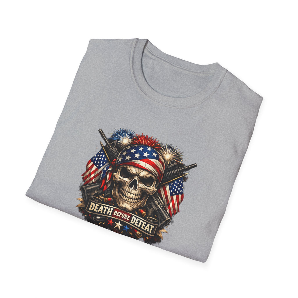 Patriotic Skull Tee "Death Before Defeat" - American Flag Military Graphic T-Shirt