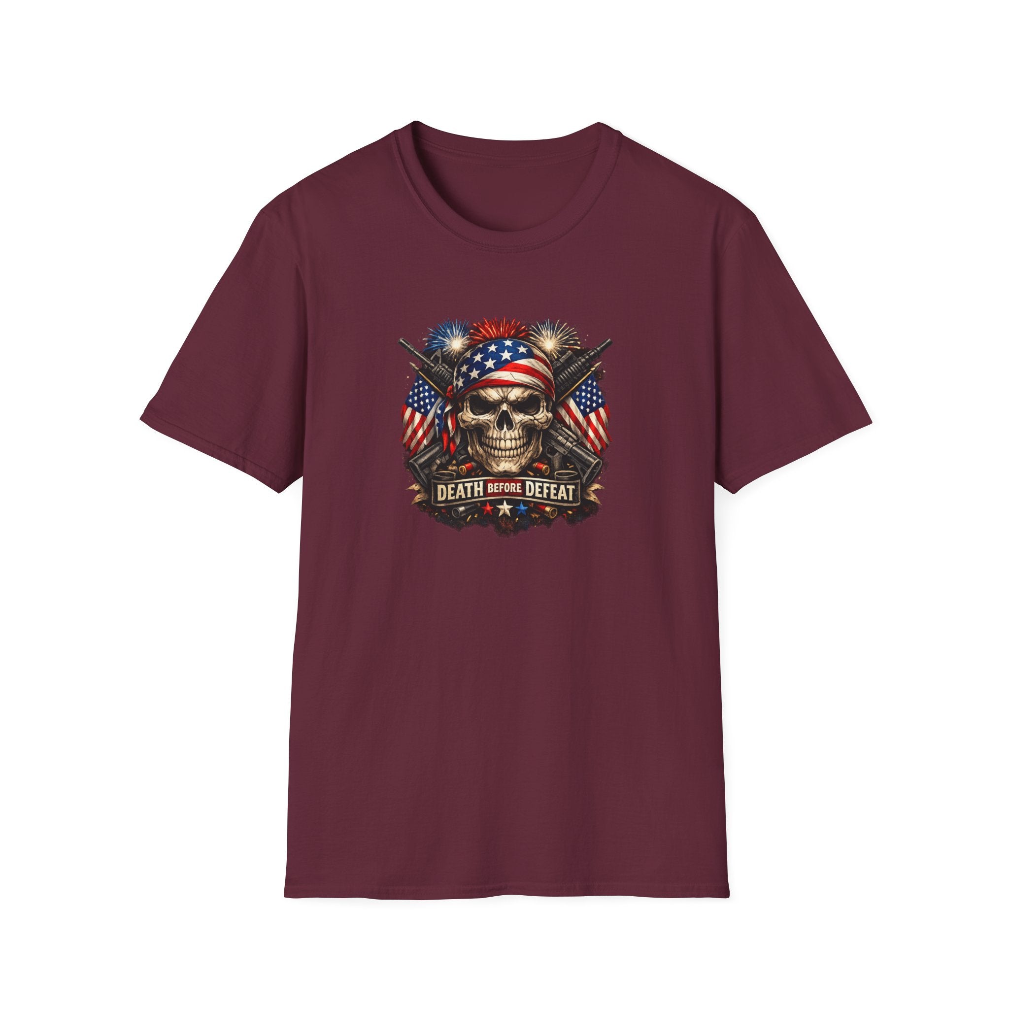 Patriotic Skull Tee "Death Before Defeat" - American Flag Military Graphic T-Shirt