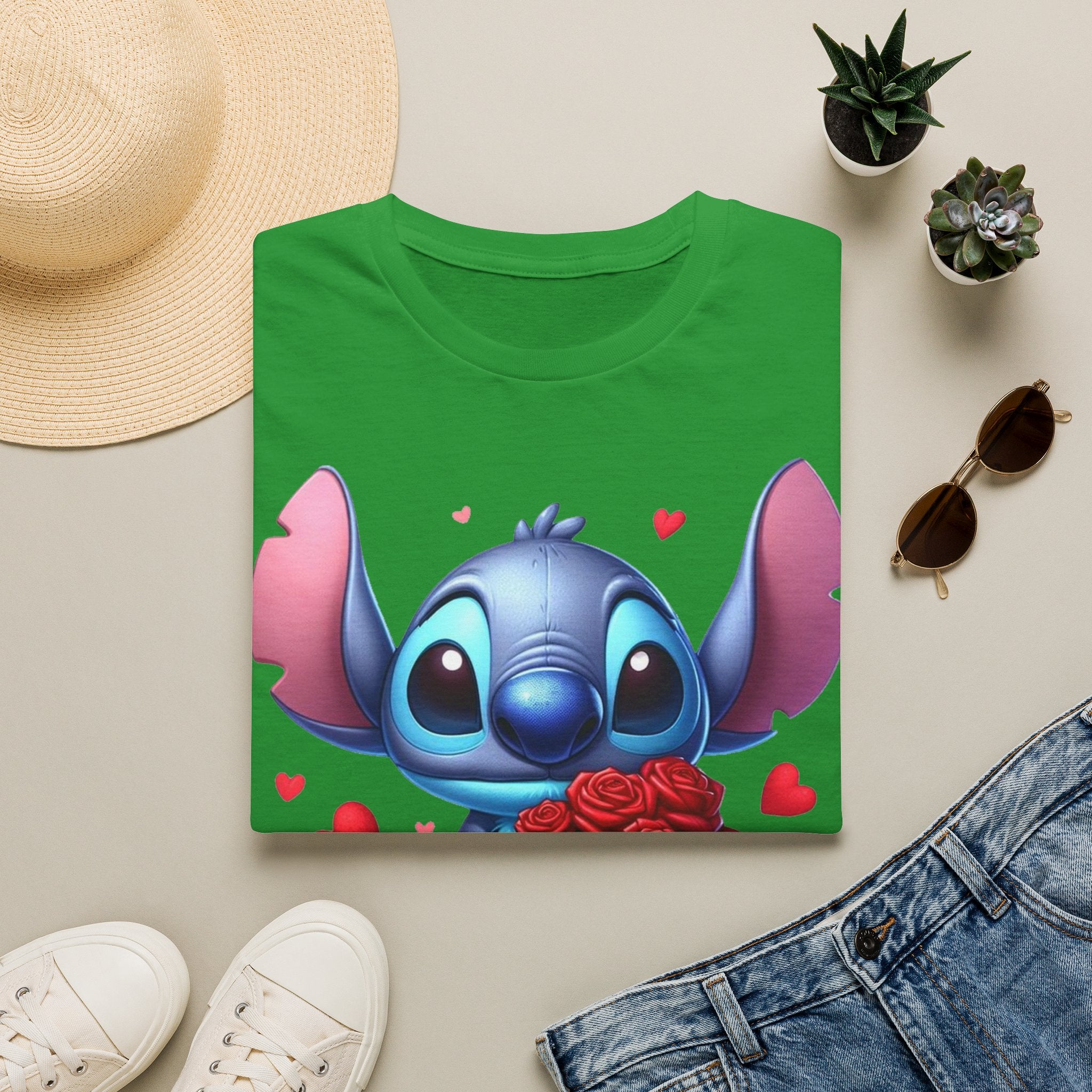 Stitch Holding Roses T-Shirt — Cute Valentine’s Day Cartoon Tee