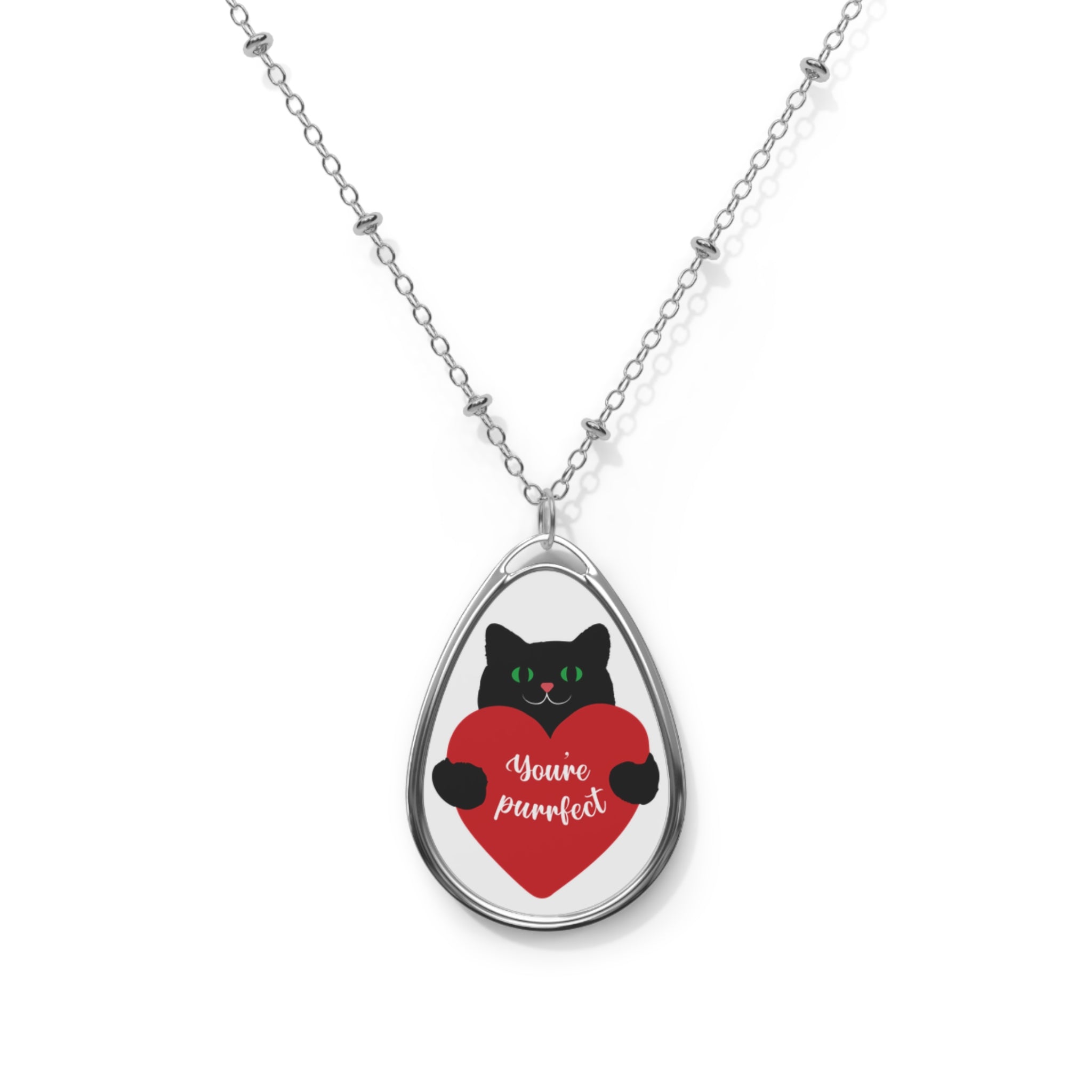 Oval Necklace — "You're Purrfect" Black Cat Heart Pendant Necklace