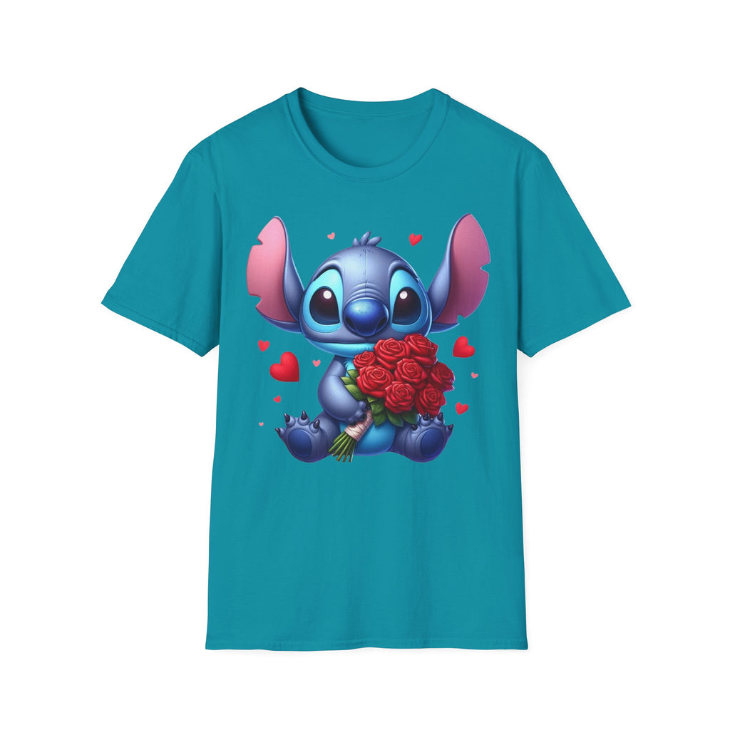 Stitch Holding Roses T-Shirt — Cute Valentine’s Day Cartoon Tee