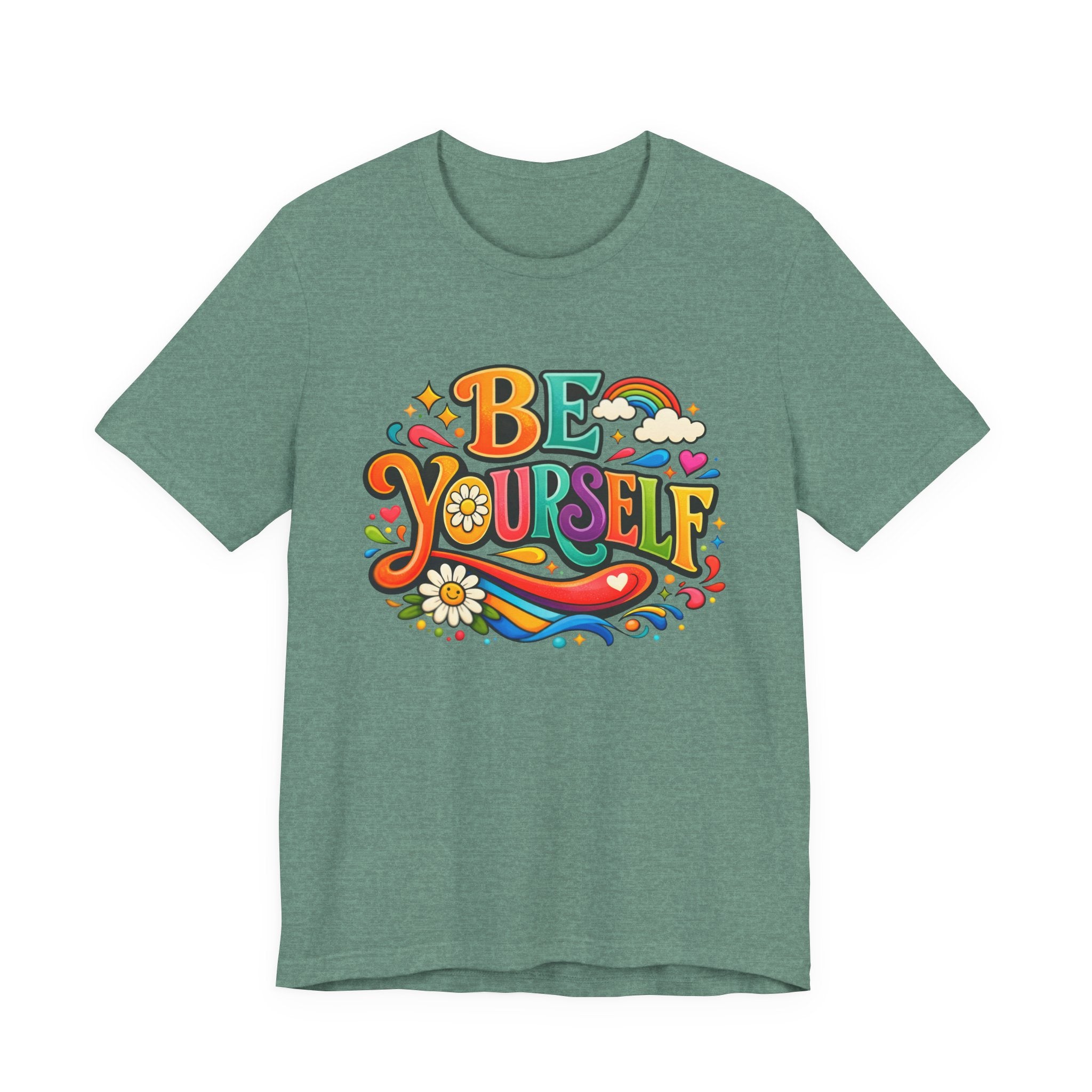 Be Yourself Retro Graphic Tee – Positive Rainbow Floral T‑Shirt