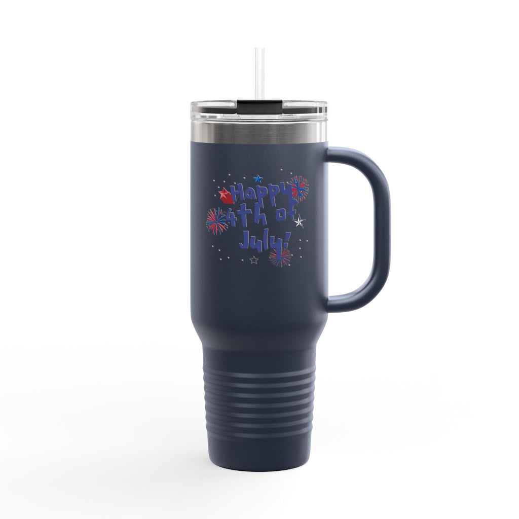 40oz Insulated Travel Mug — "Happy 4th of July" Patriotic Fireworks Design