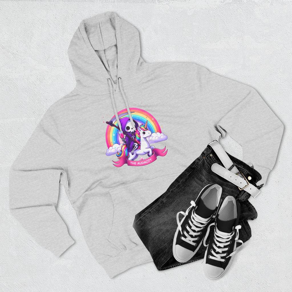 Hoodie - Cute Grim Reaper Riding Unicorn Rainbow "The Audacity" Fleece Hoodie