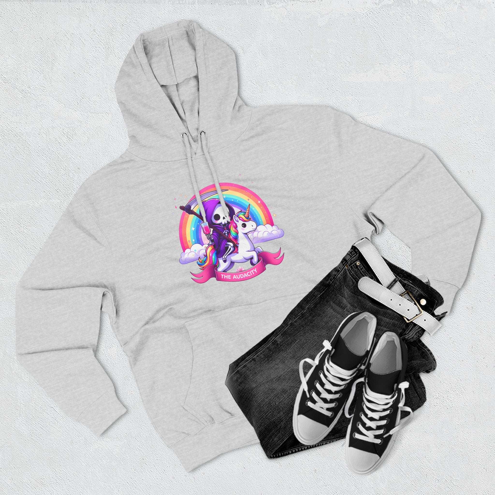 Hoodie - Cute Grim Reaper Riding Unicorn Rainbow "The Audacity" Fleece Hoodie