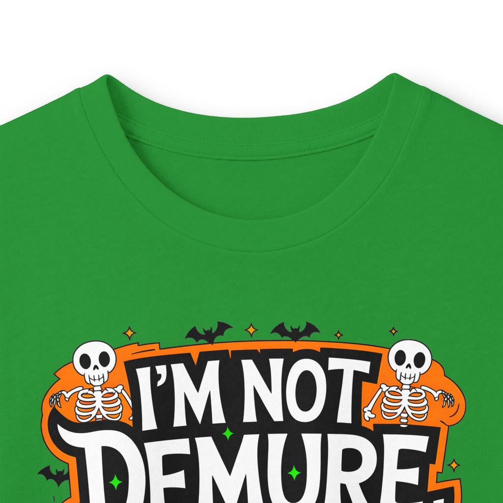 Long Sleeve Tee — "I'm Not Demure I'm Demonic" Halloween Graphic