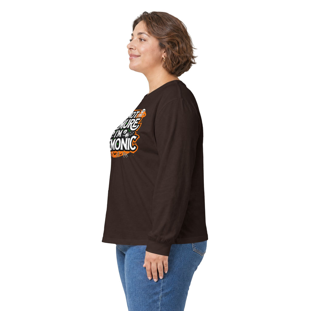 Long Sleeve Tee — "I'm Not Demure I'm Demonic" Halloween Graphic