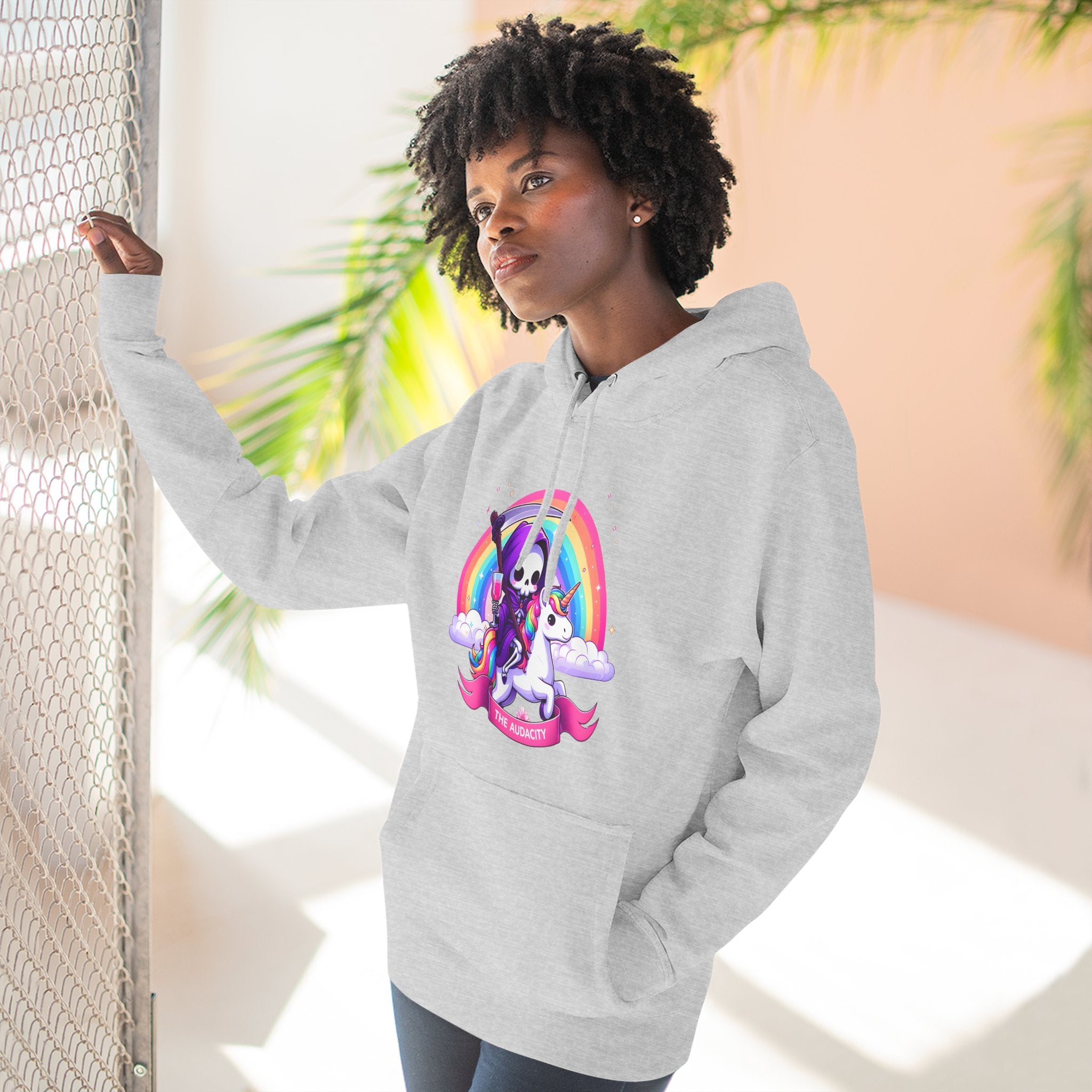 Hoodie - Cute Grim Reaper Riding Unicorn Rainbow "The Audacity" Fleece Hoodie