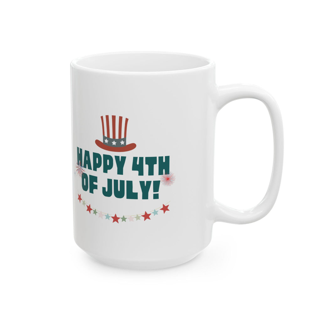4th of July Ceramic Mug – "Happy 4th of July!" Patriotic Stars & Fireworks Coffee Cup (11oz/15oz)