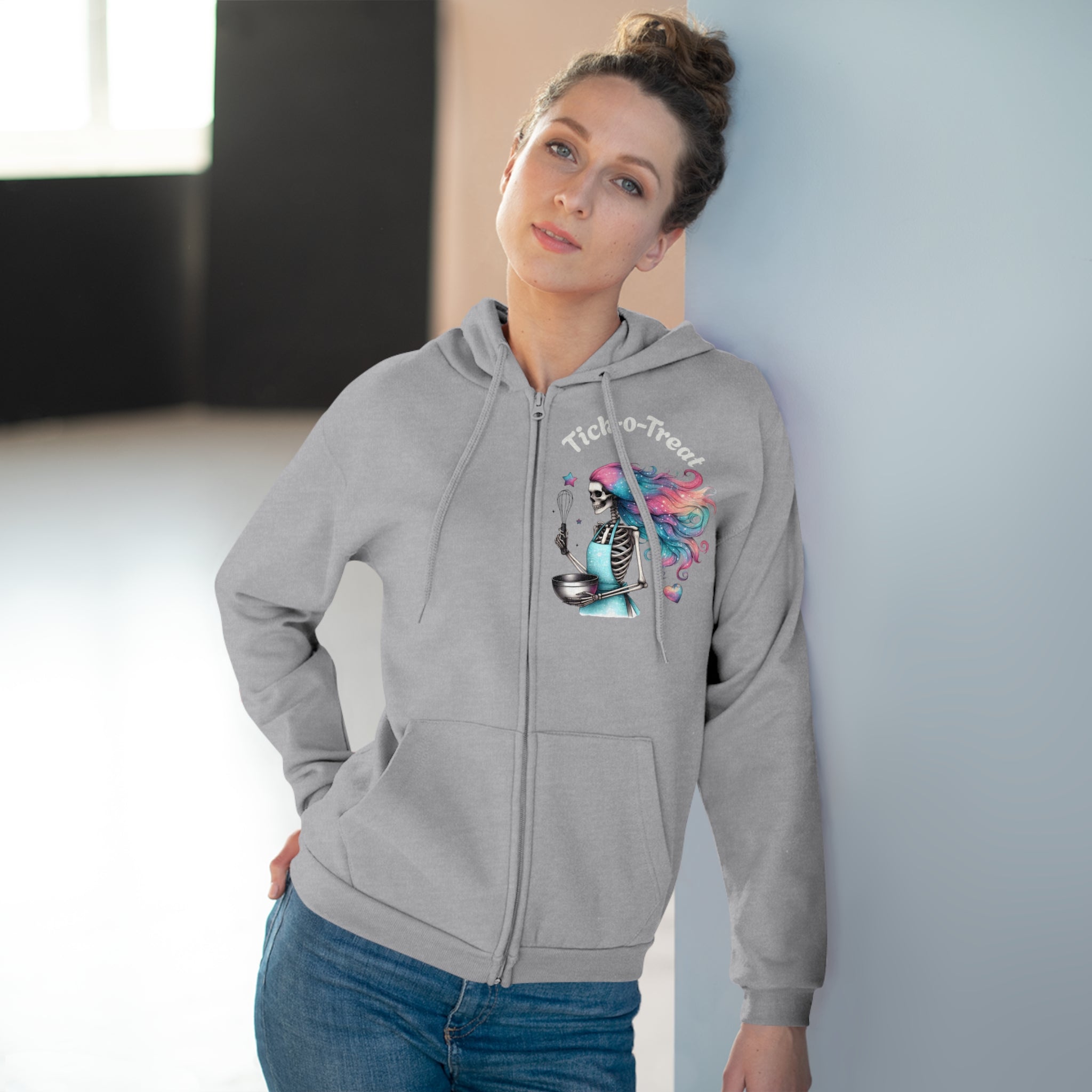 Skeleton Baker Zip Hoodie – Trick-or-Treat Halloween Skeleton with Rainbow Hair