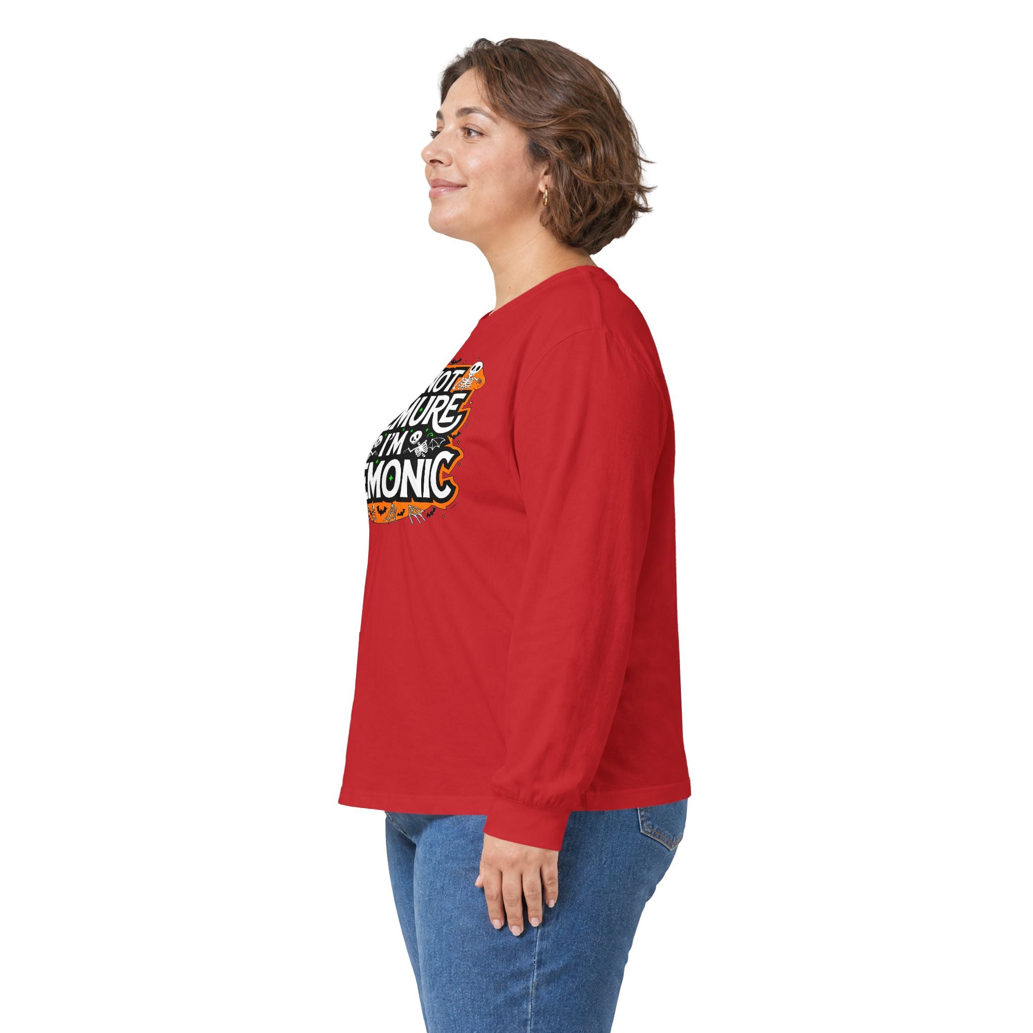 Long Sleeve Tee — "I'm Not Demure I'm Demonic" Halloween Graphic