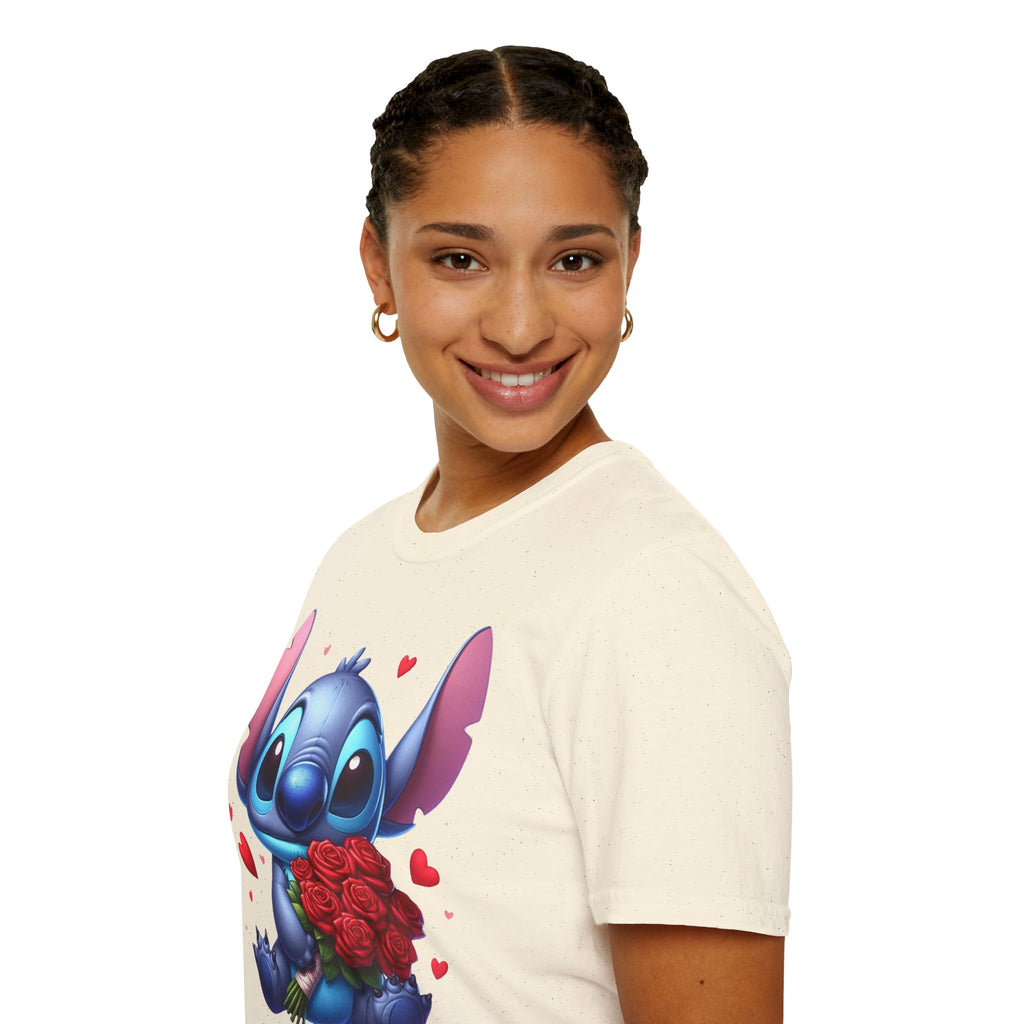 Stitch Holding Roses T-Shirt — Cute Valentine’s Day Cartoon Tee