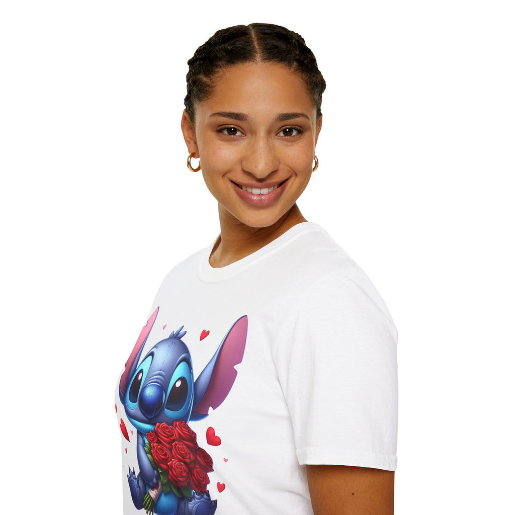 Stitch Holding Roses T-Shirt — Cute Valentine’s Day Cartoon Tee