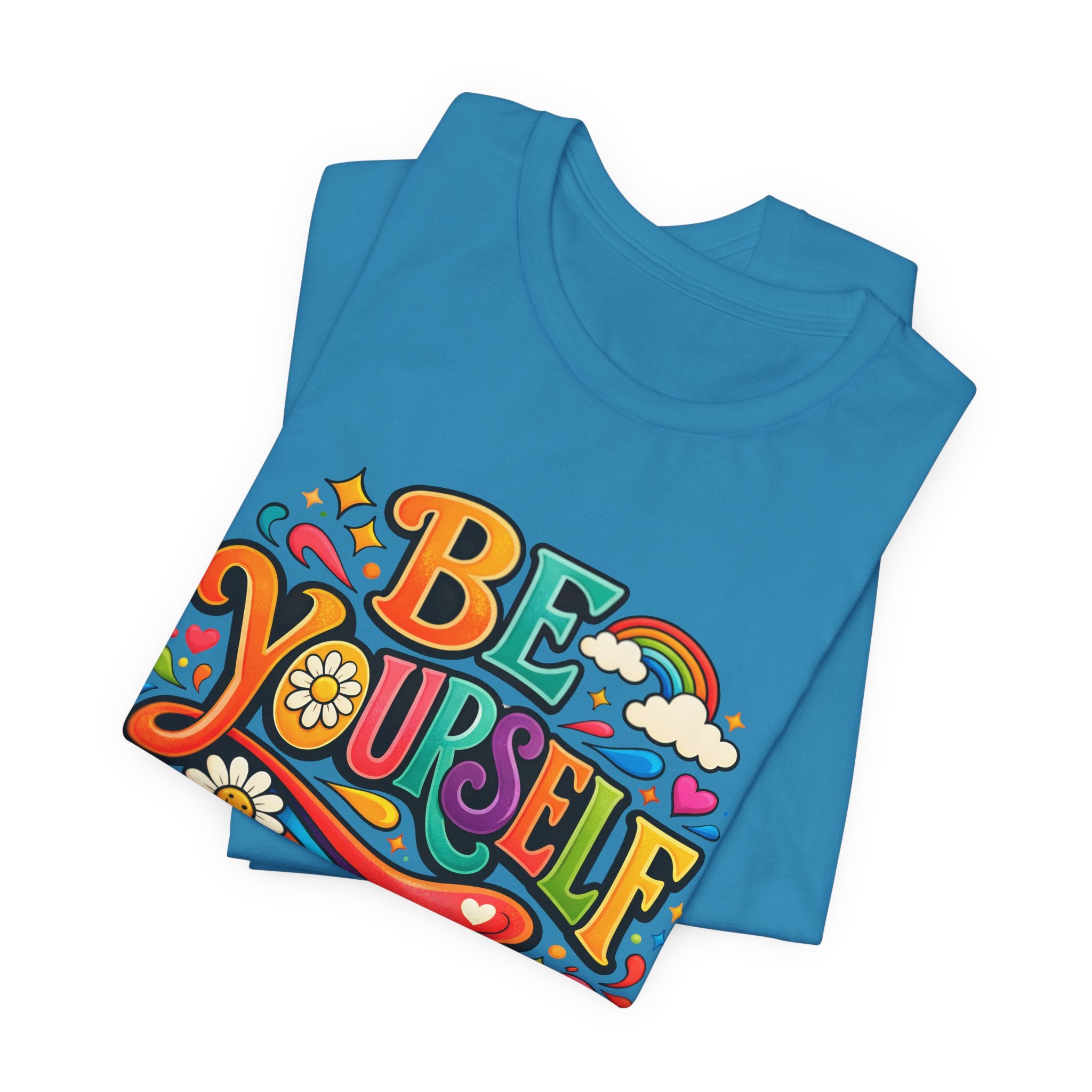 Be Yourself Retro Graphic Tee – Positive Rainbow Floral T‑Shirt