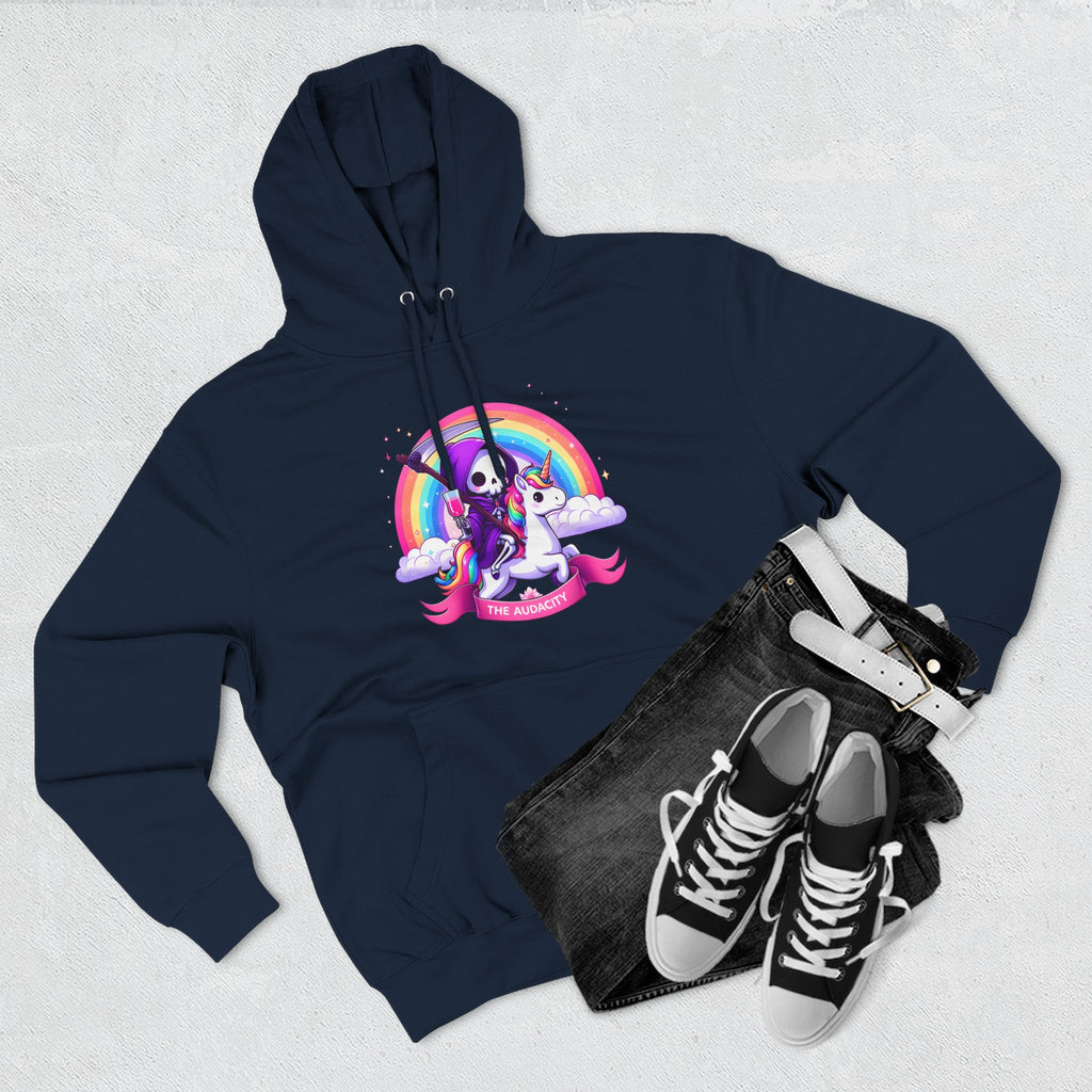 Hoodie - Cute Grim Reaper Riding Unicorn Rainbow "The Audacity" Fleece Hoodie
