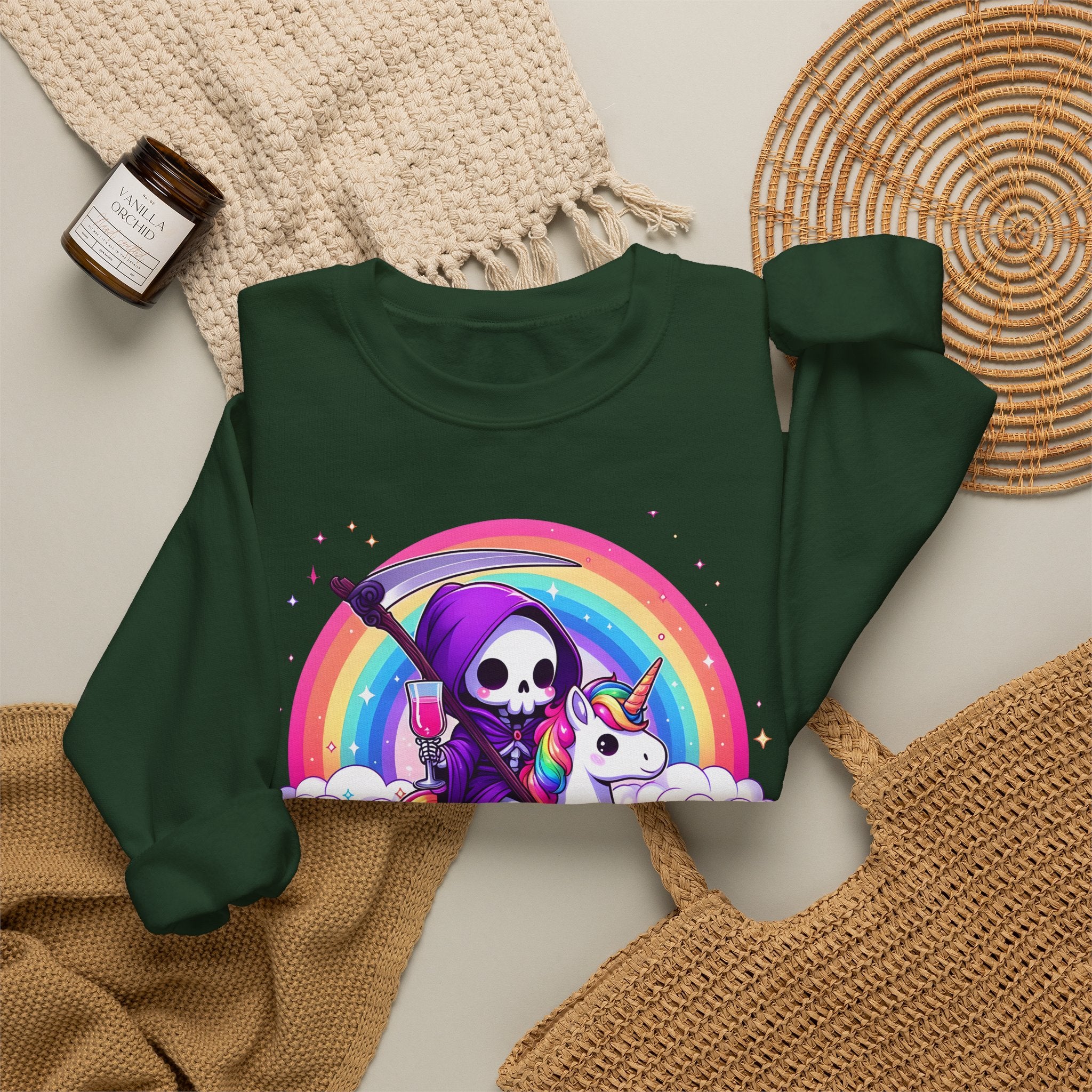 Crewneck Sweatshirt — Cute Grim Reaper Riding Unicorn Rainbow "True Audacity"