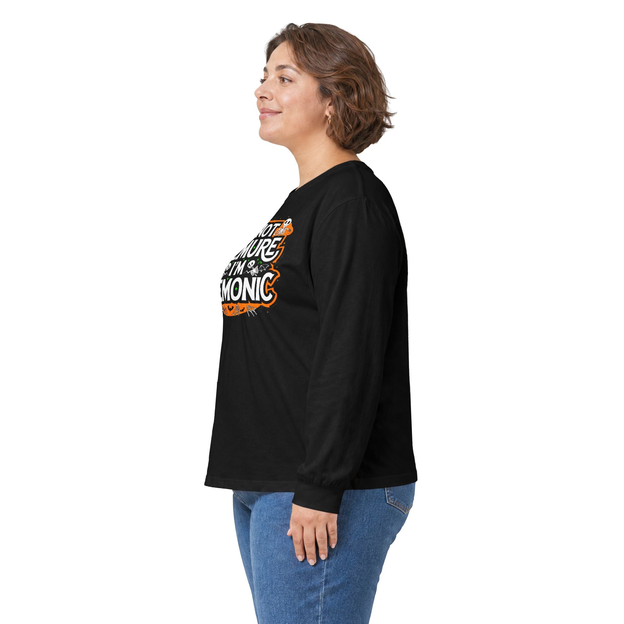 Long Sleeve Tee — "I'm Not Demure I'm Demonic" Halloween Graphic