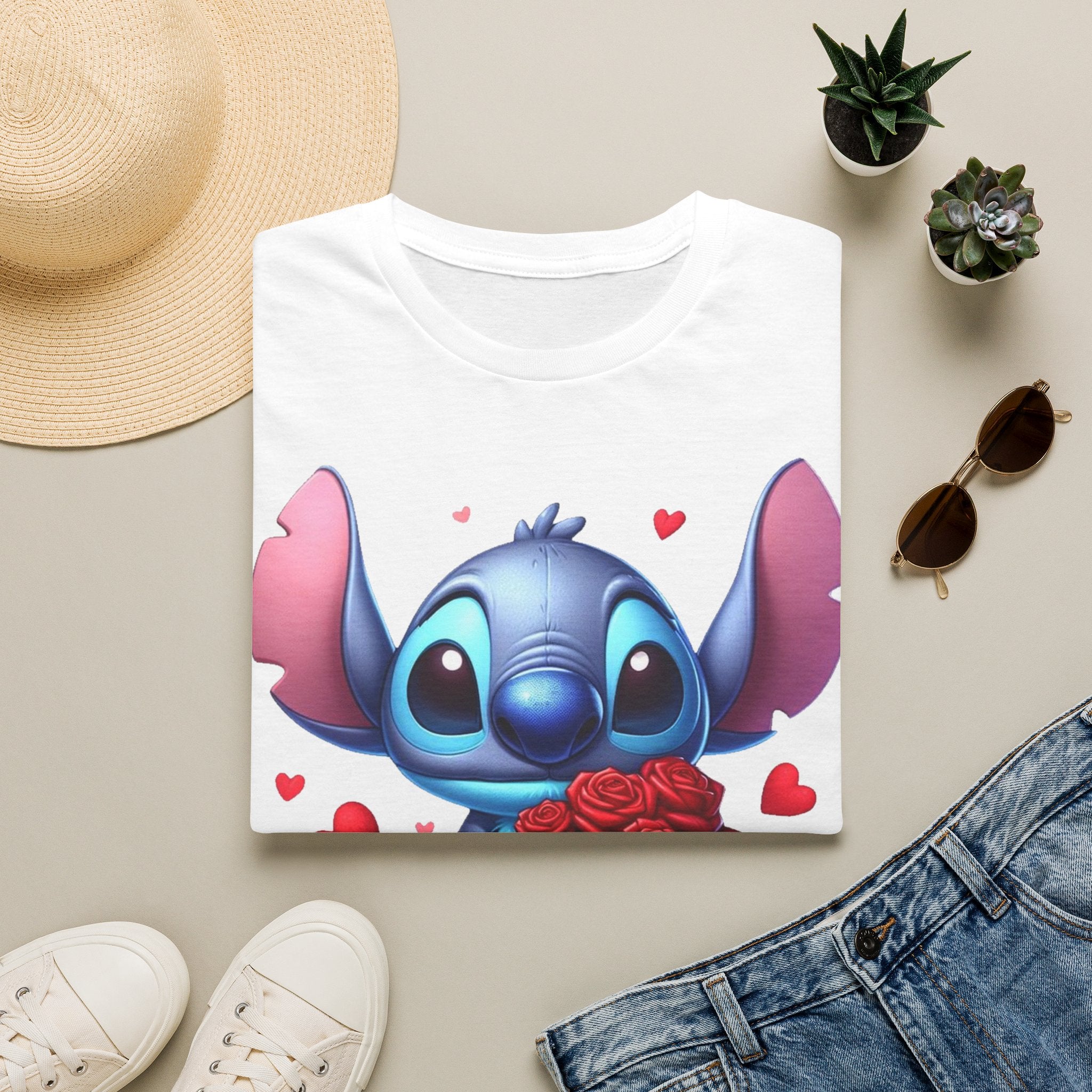 Stitch Holding Roses T-Shirt — Cute Valentine’s Day Cartoon Tee