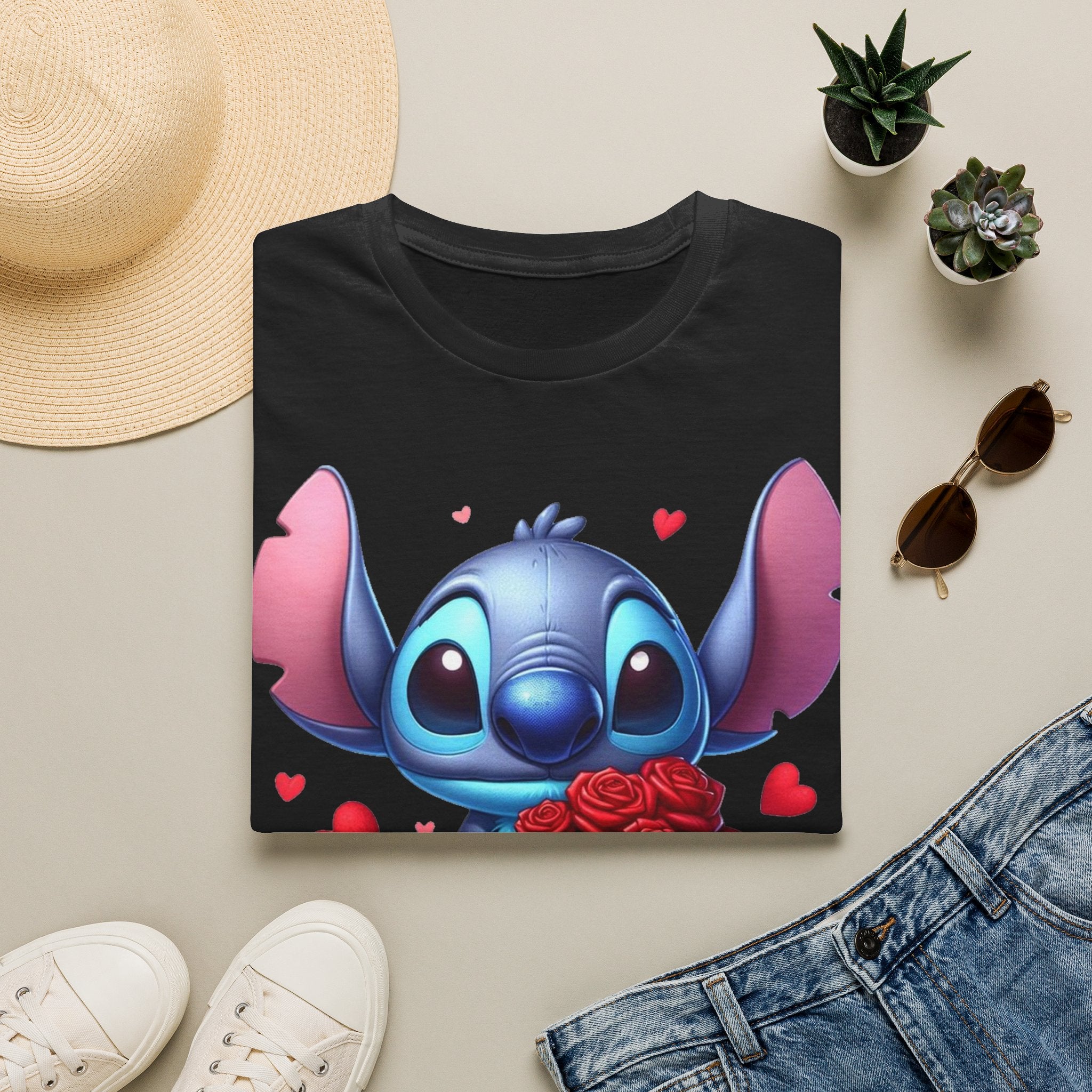 Stitch Holding Roses T-Shirt — Cute Valentine’s Day Cartoon Tee