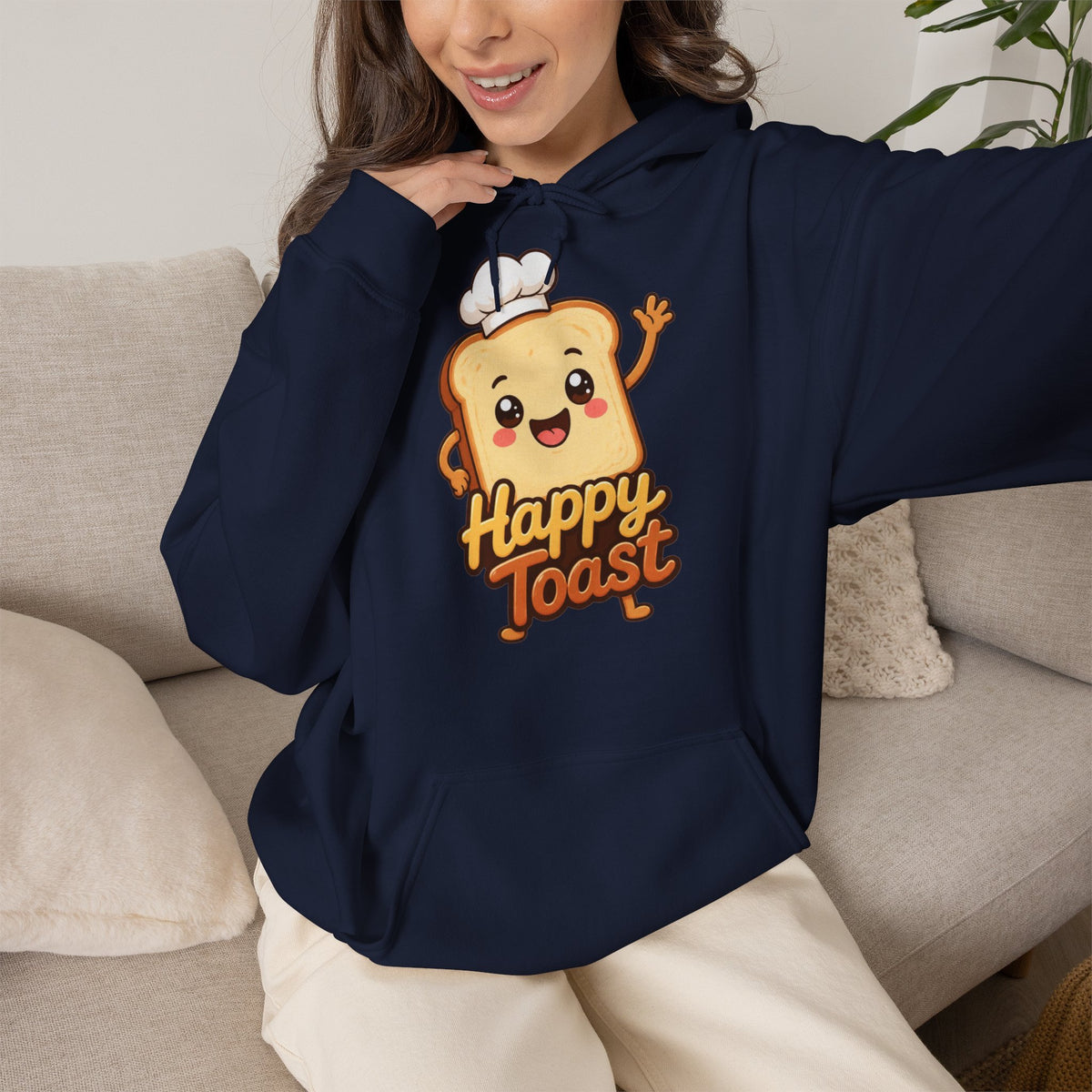 Happy Toast Cartoon Graphic Hoodie – Unisex Pullover