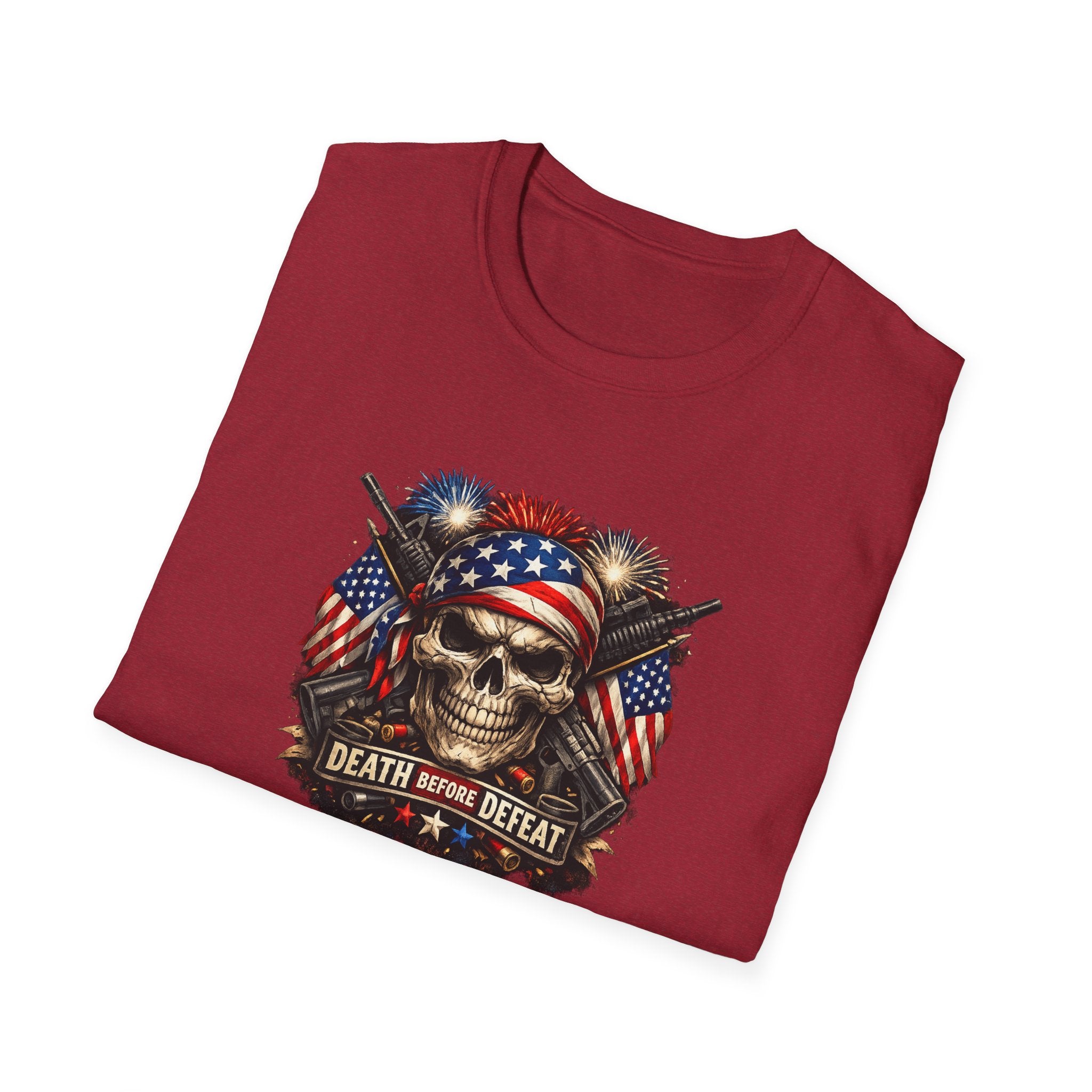 Patriotic Skull Tee "Death Before Defeat" - American Flag Military Graphic T-Shirt