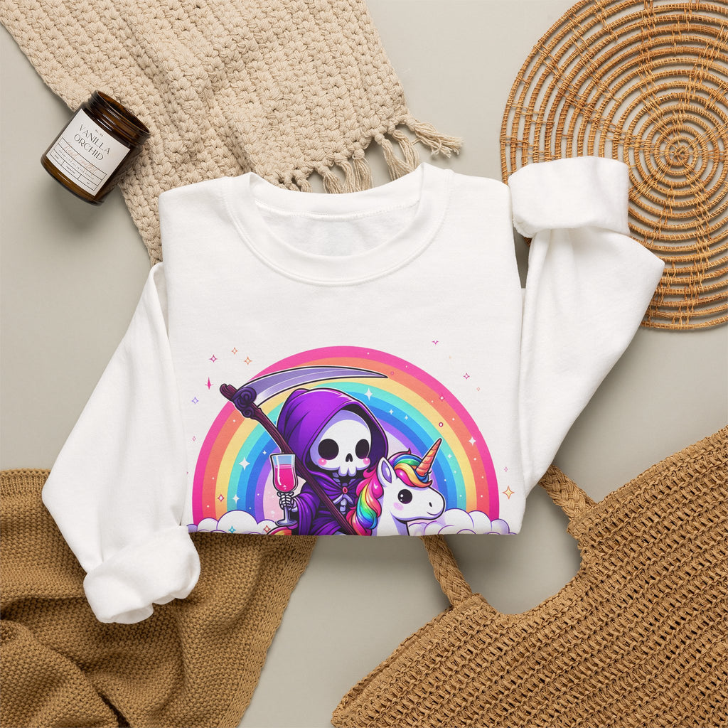 Crewneck Sweatshirt — Cute Grim Reaper Riding Unicorn Rainbow "True Audacity"