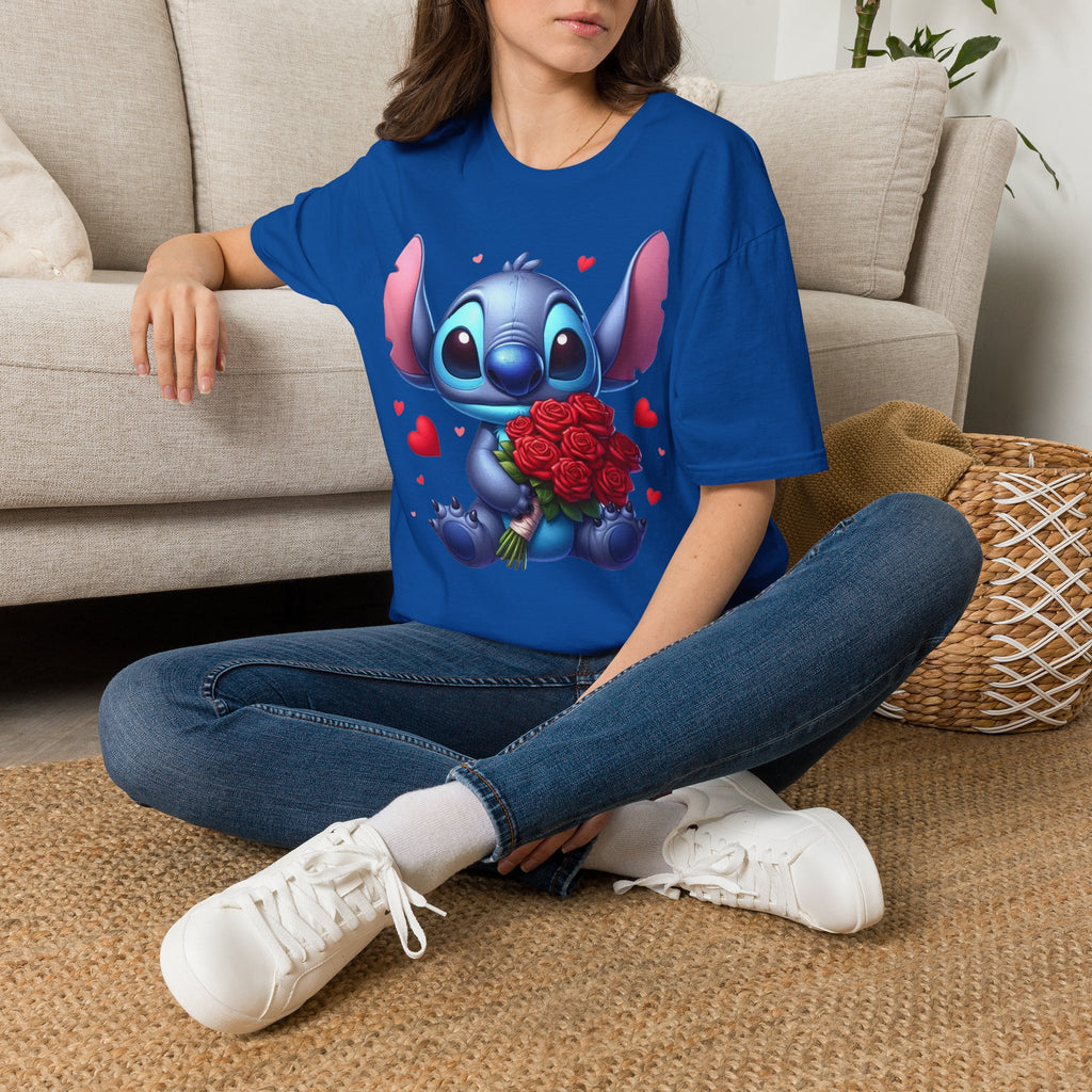 Stitch Holding Roses T-Shirt — Cute Valentine’s Day Cartoon Tee