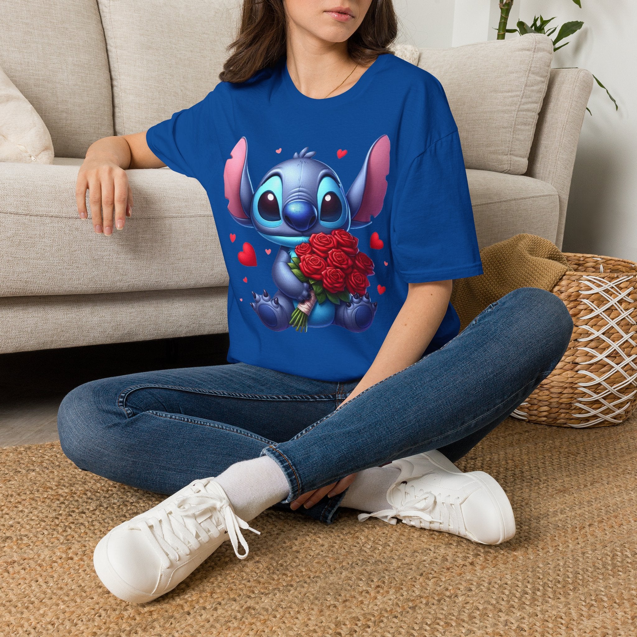 Stitch Holding Roses T-Shirt — Cute Valentine’s Day Cartoon Tee