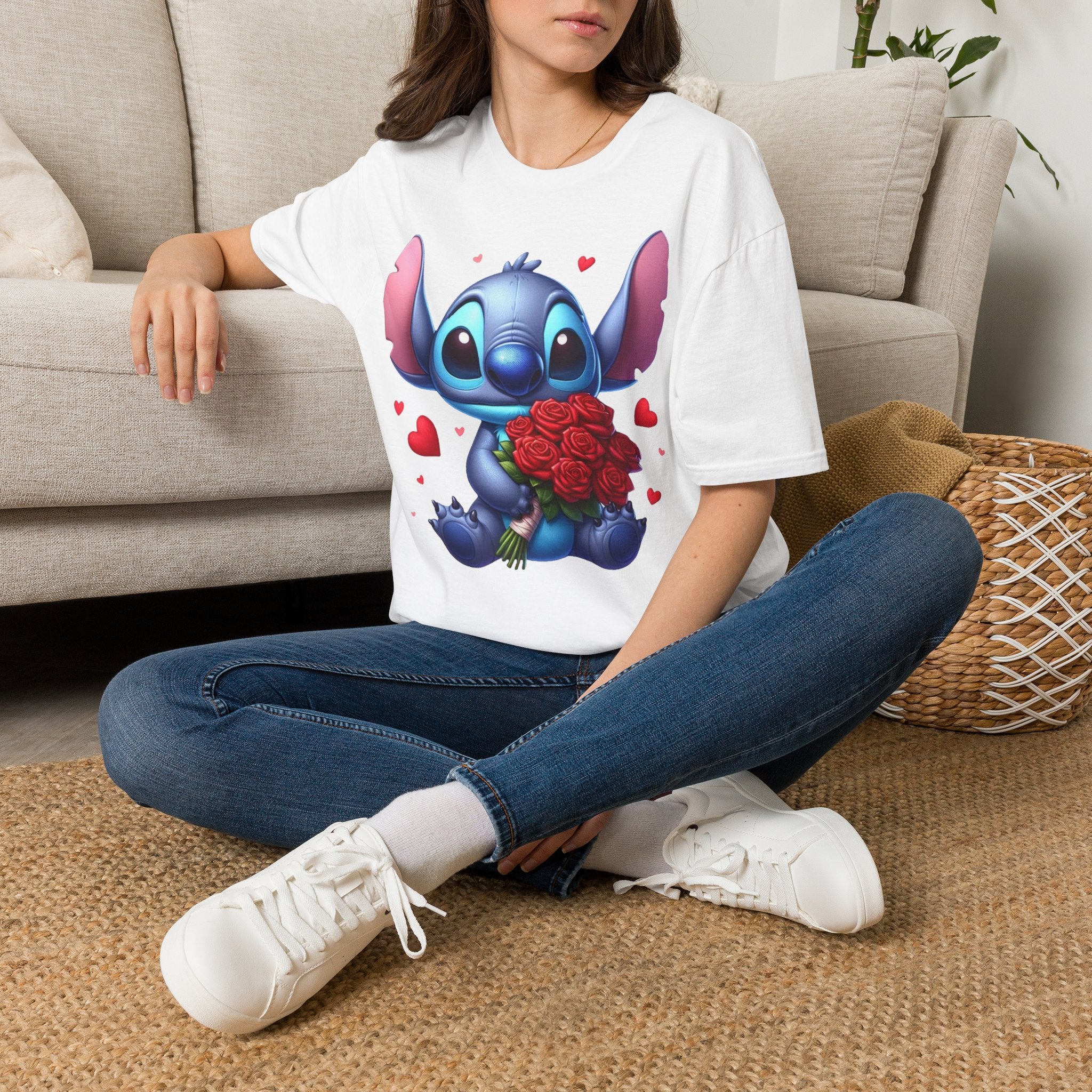 Stitch Holding Roses T-Shirt — Cute Valentine’s Day Cartoon Tee