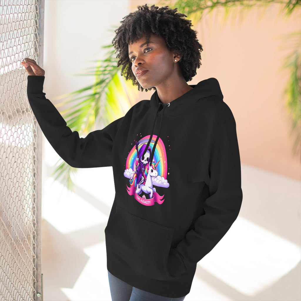 Hoodie - Cute Grim Reaper Riding Unicorn Rainbow "The Audacity" Fleece Hoodie