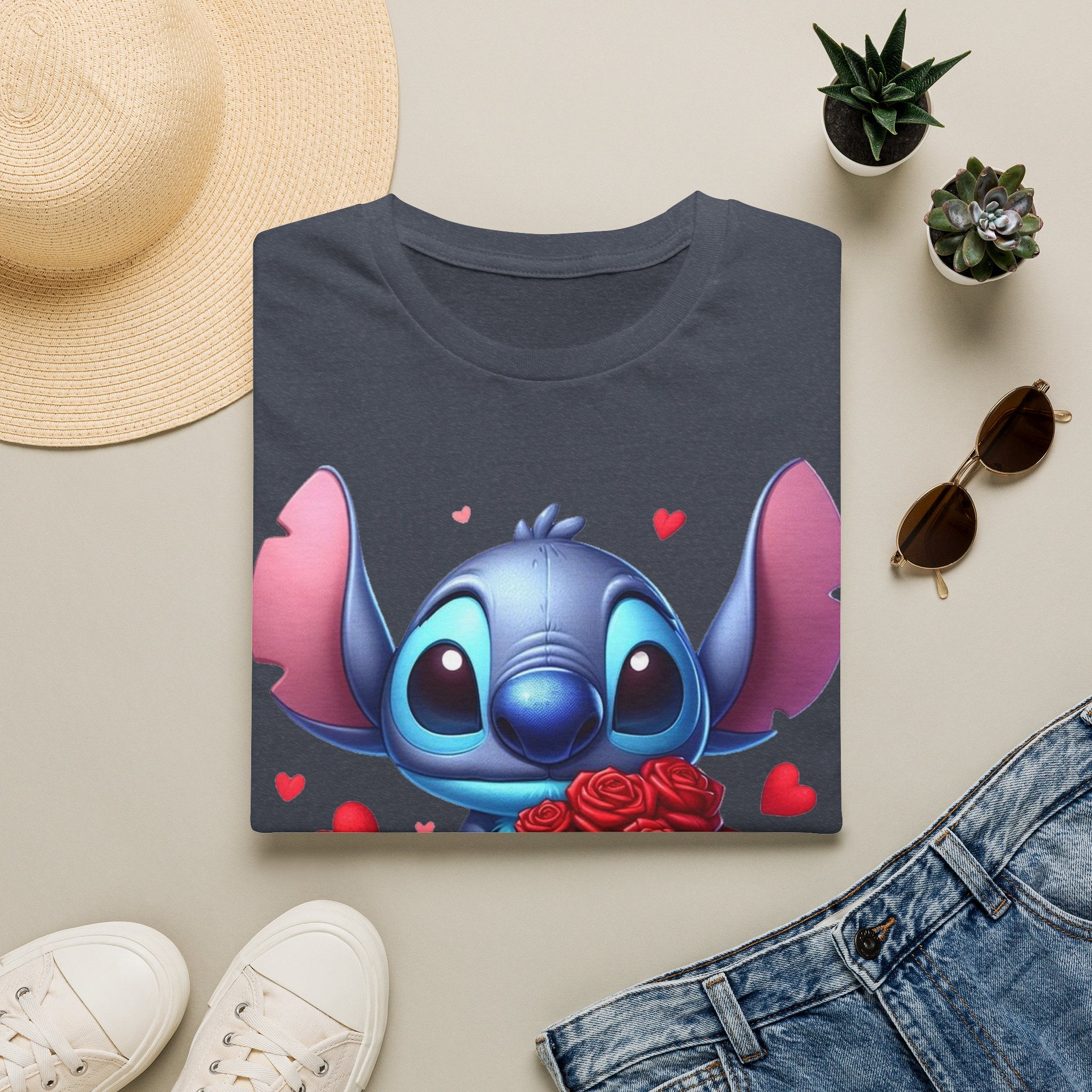 Stitch Holding Roses T-Shirt — Cute Valentine’s Day Cartoon Tee