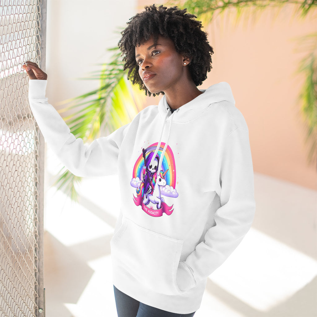 Hoodie - Cute Grim Reaper Riding Unicorn Rainbow "The Audacity" Fleece Hoodie