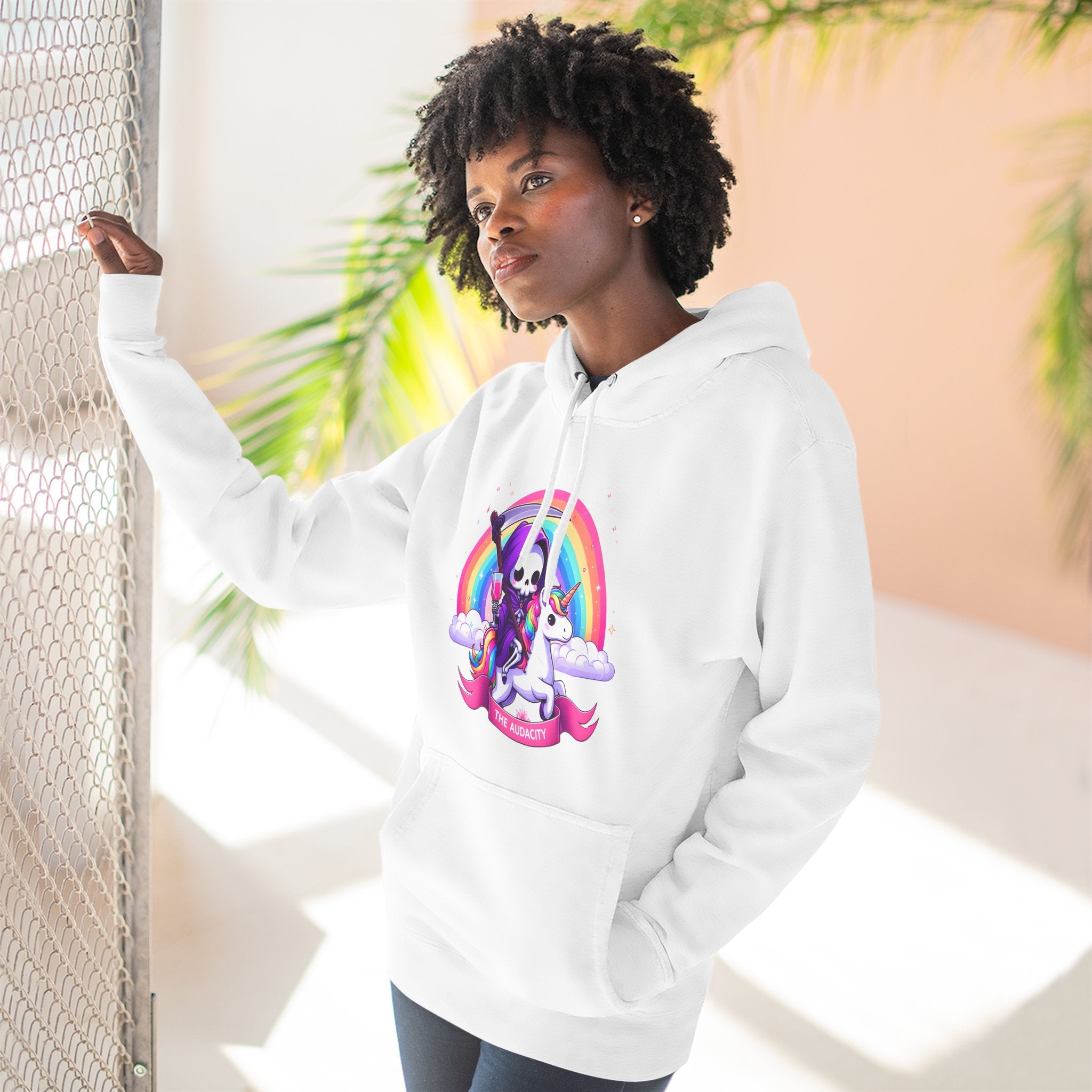 Hoodie - Cute Grim Reaper Riding Unicorn Rainbow "The Audacity" Fleece Hoodie