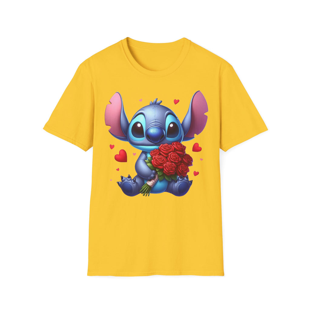 Stitch Holding Roses T-Shirt — Cute Valentine’s Day Cartoon Tee